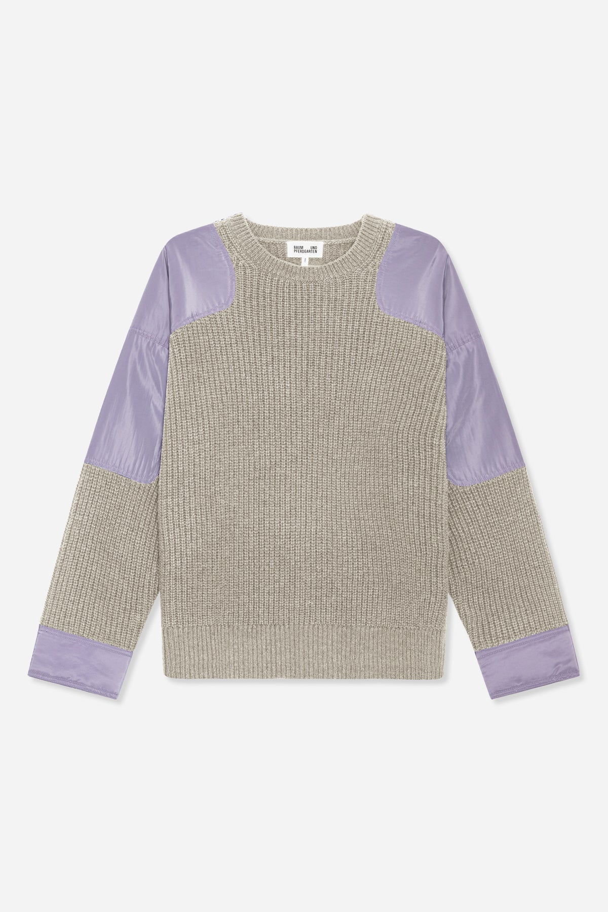 Front view of a textured grey knit sweater with lavender contrast shoulder panels, sleeve sections and cuffs, and a ribbed crew neck.