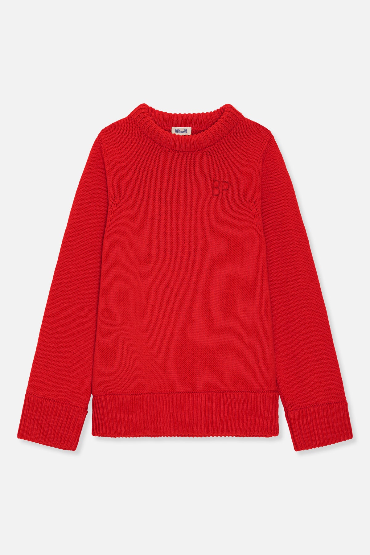 Bright red knitted crew-neck jumper shown from the front, with ribbed collar, cuffs and hem and a subtle chest monogram.