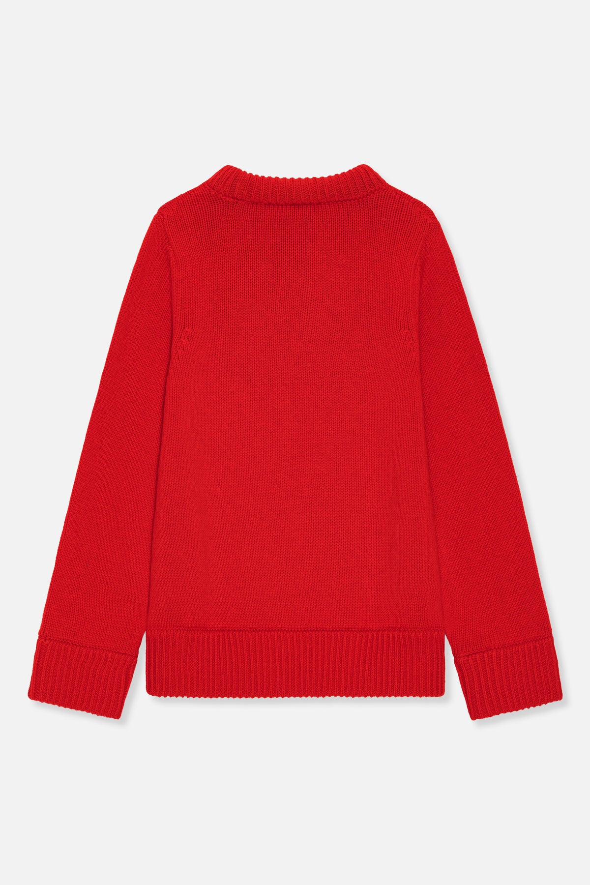 Back view of a bright red knitted sweater with a ribbed crew neckline, cuffs and hem.
