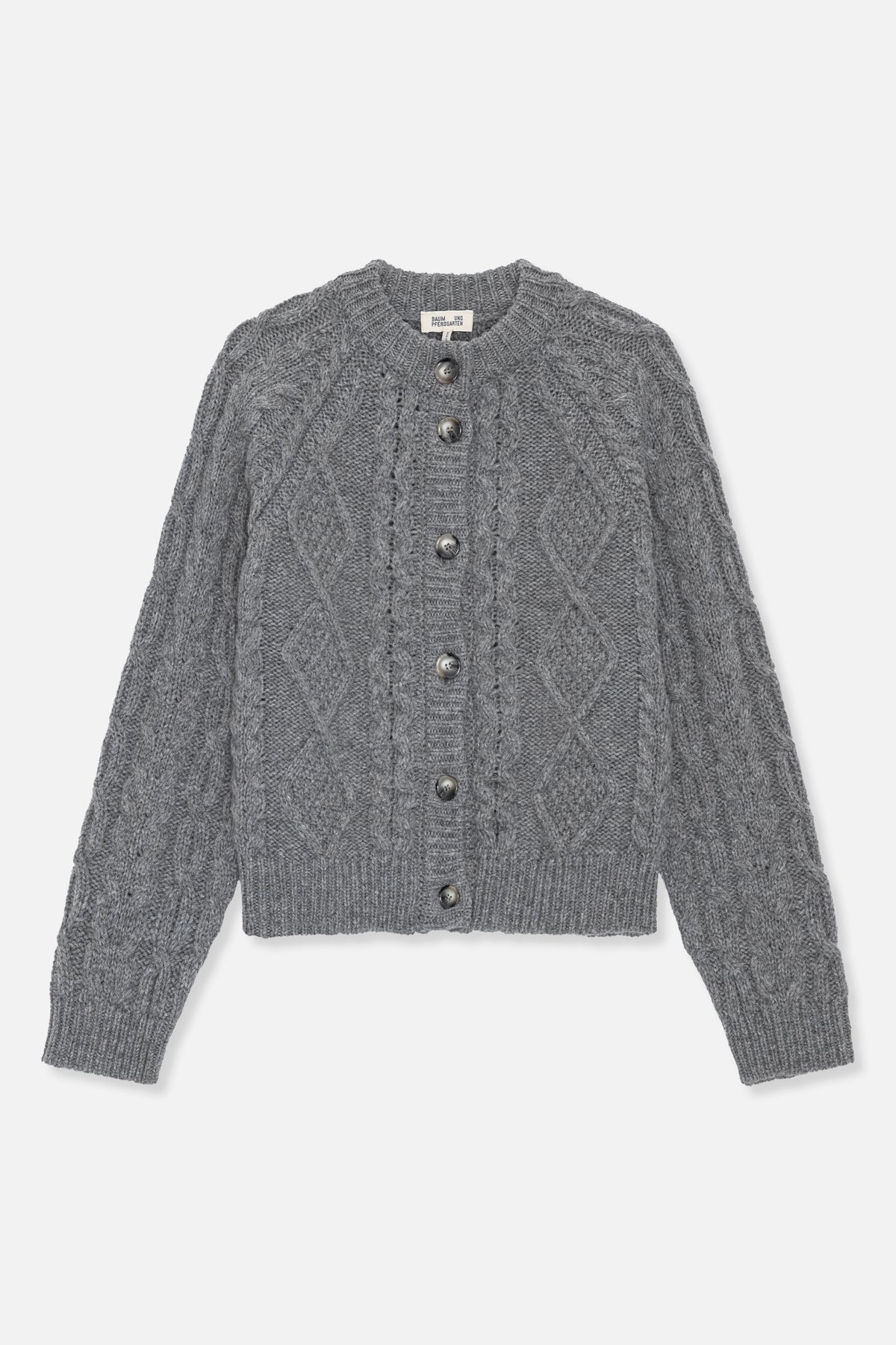 Front view of a heather-gray cable-knit cardigan with a round ribbed neckline, long sleeves and dark buttons.