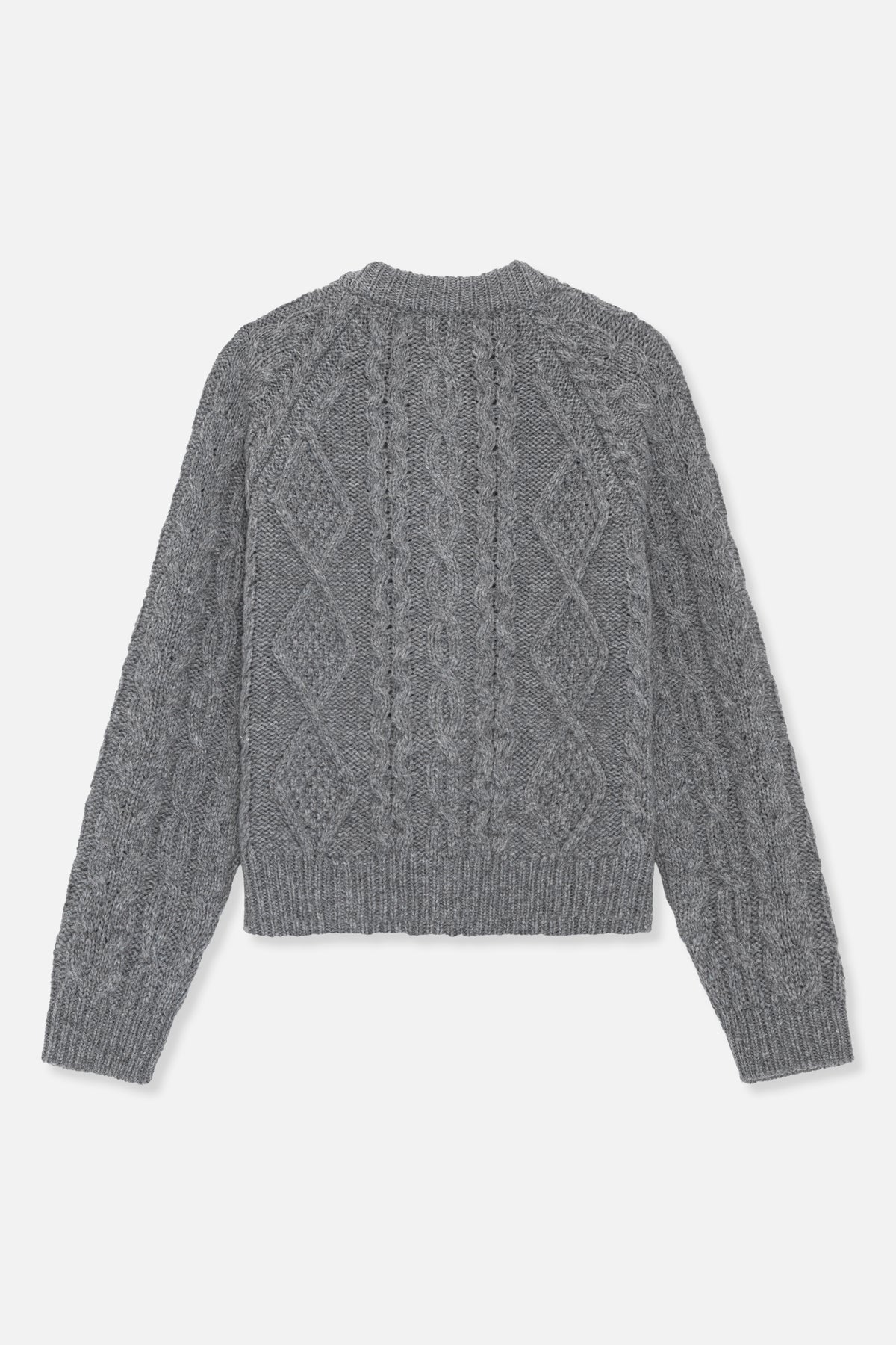Heather grey crew-neck sweater with all-over cable knit texture, ribbed collar, cuffs and hem, shown from the front.