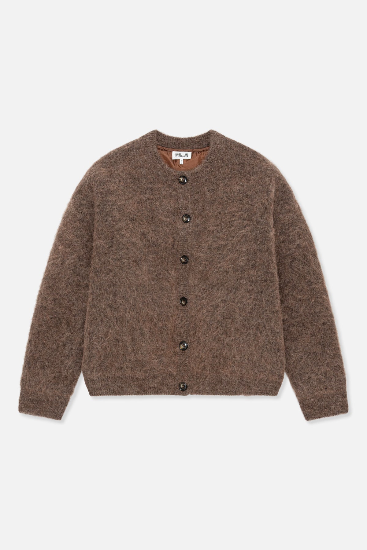Front view of a taupe-brown fuzzy knit cardigan with a round neck, long sleeves and dark buttons.