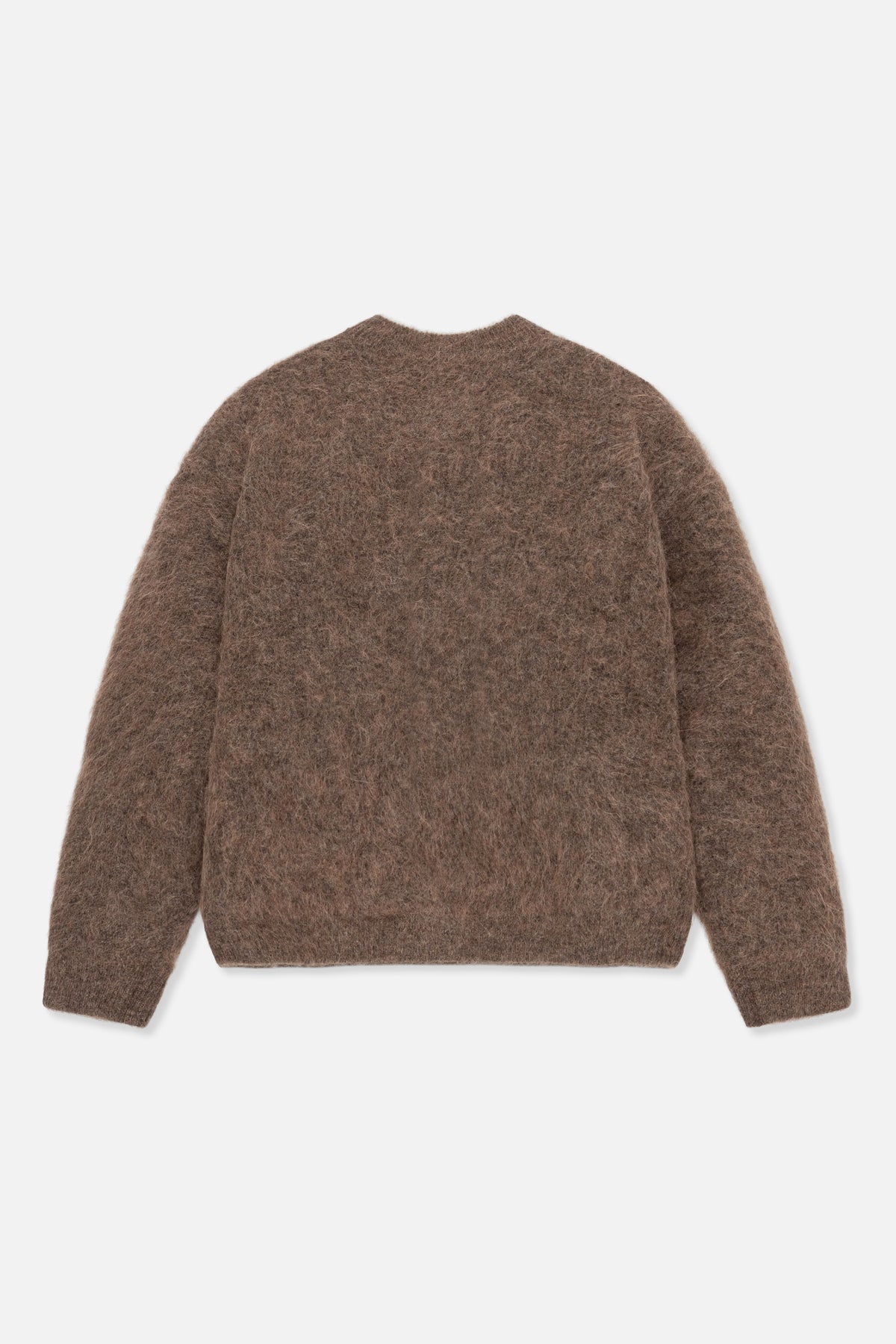 Back view of a plain taupe-brown fuzzy knit sweater with a round neckline and long sleeves.