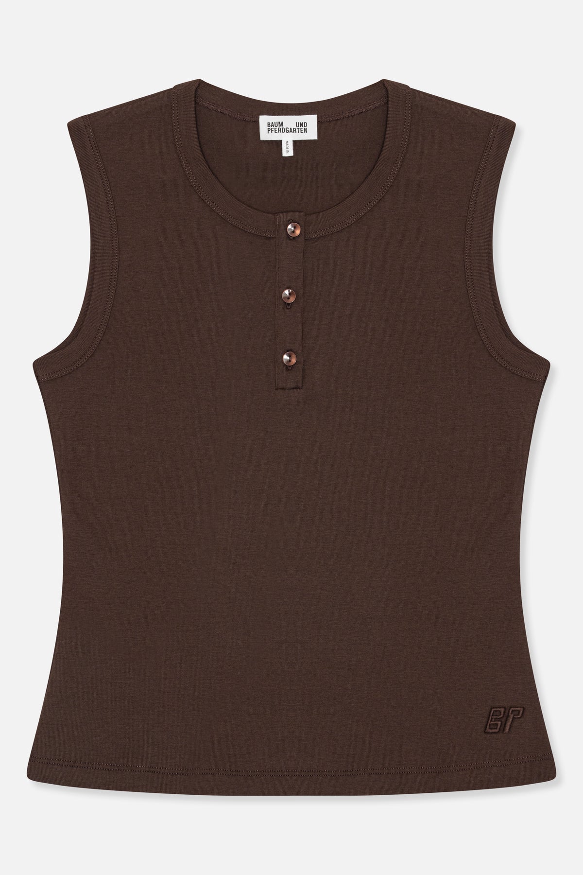 Front view of a dark brown sleeveless top with a scoop neckline, three-button placket and small tonal embroidered logo.