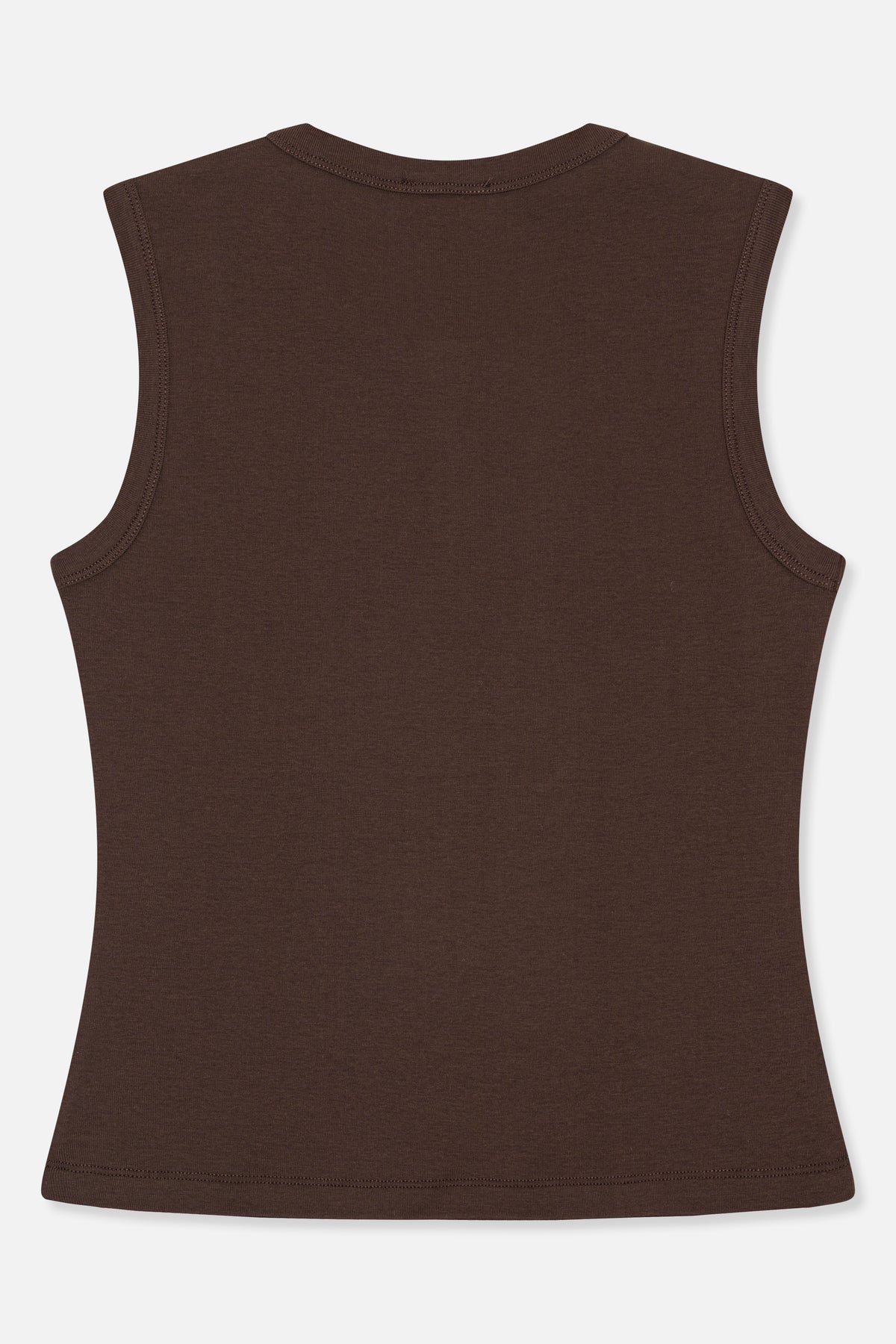 Back view of a plain dark brown sleeveless top with a rounded neckline and stitched edges.