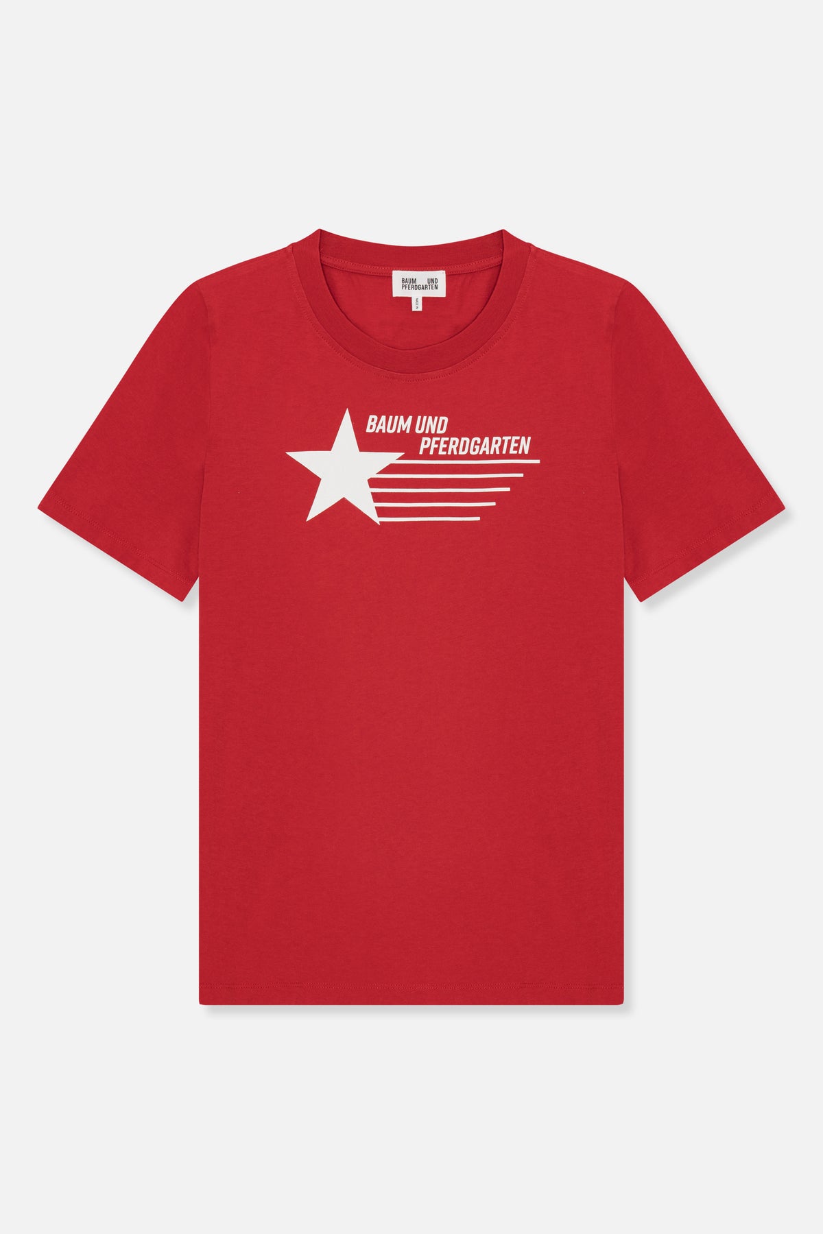 Red short-sleeved crew-neck T-shirt, front view, with a white star-and-stripe graphic and Baum und Pferdgarten lettering.