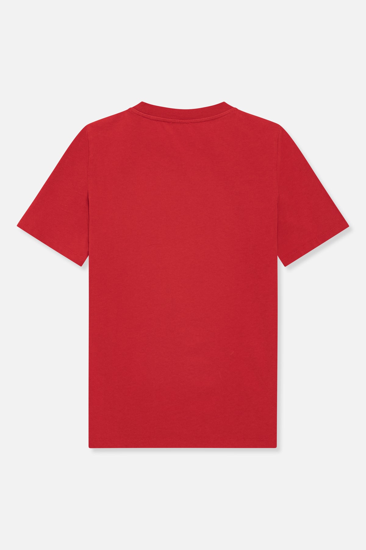 Plain red short-sleeved crew-neck T-shirt shown from the back.