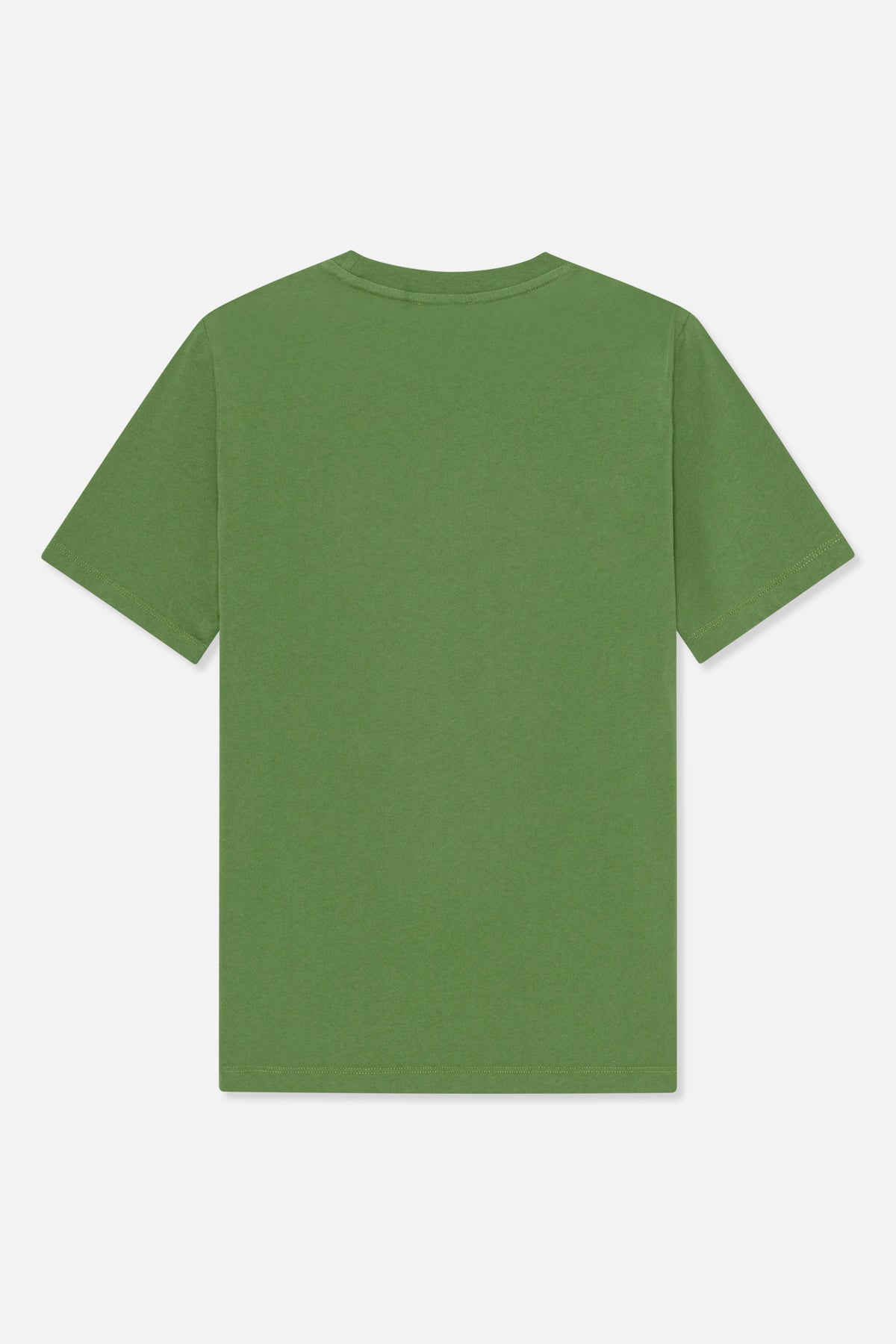 Back view of a plain green short-sleeve T-shirt with a crew neckline and stitched hems