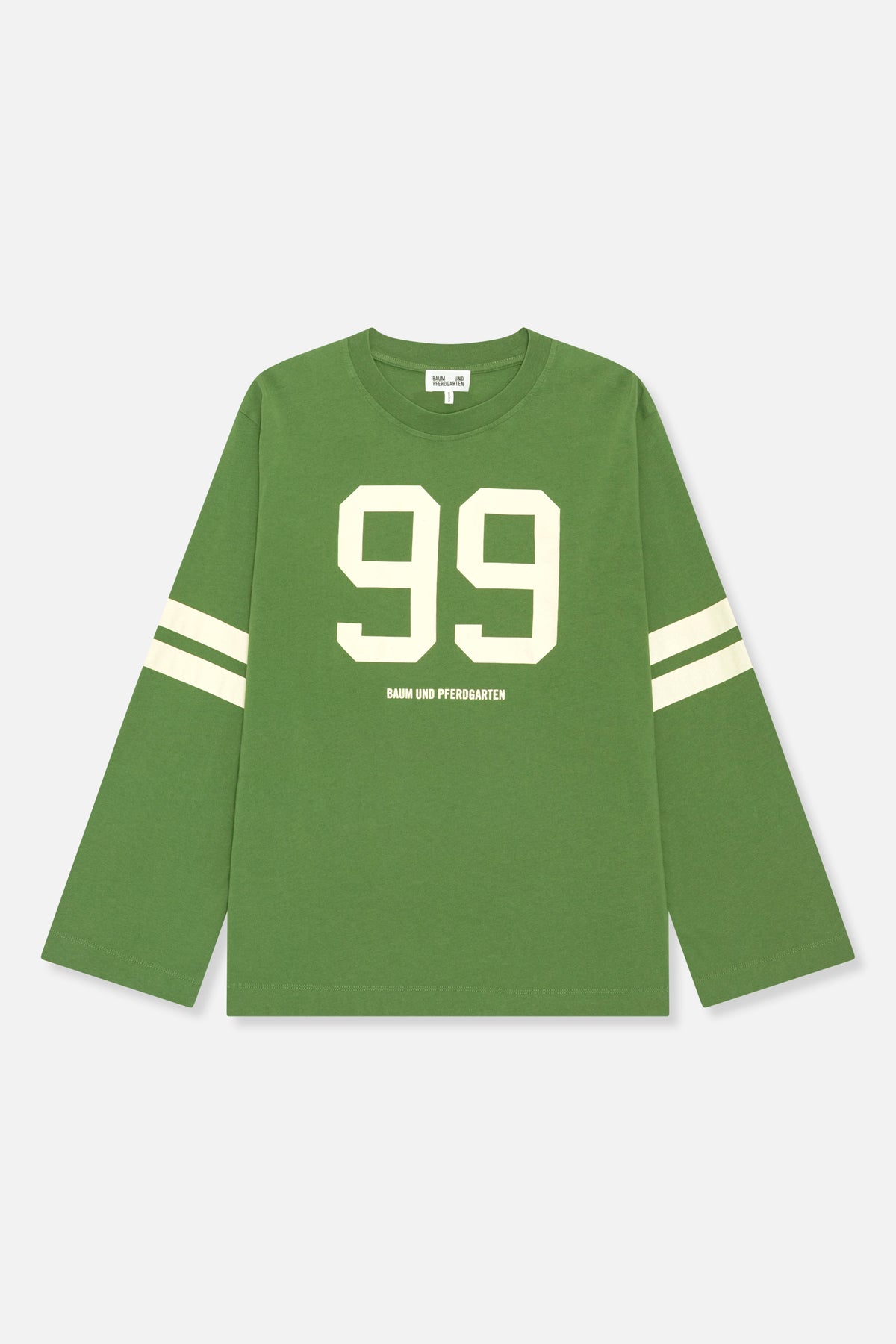 Front view of a green long-sleeved T-shirt with cream sleeve stripes, a large 99 graphic and Baum und Pferdgarten text.