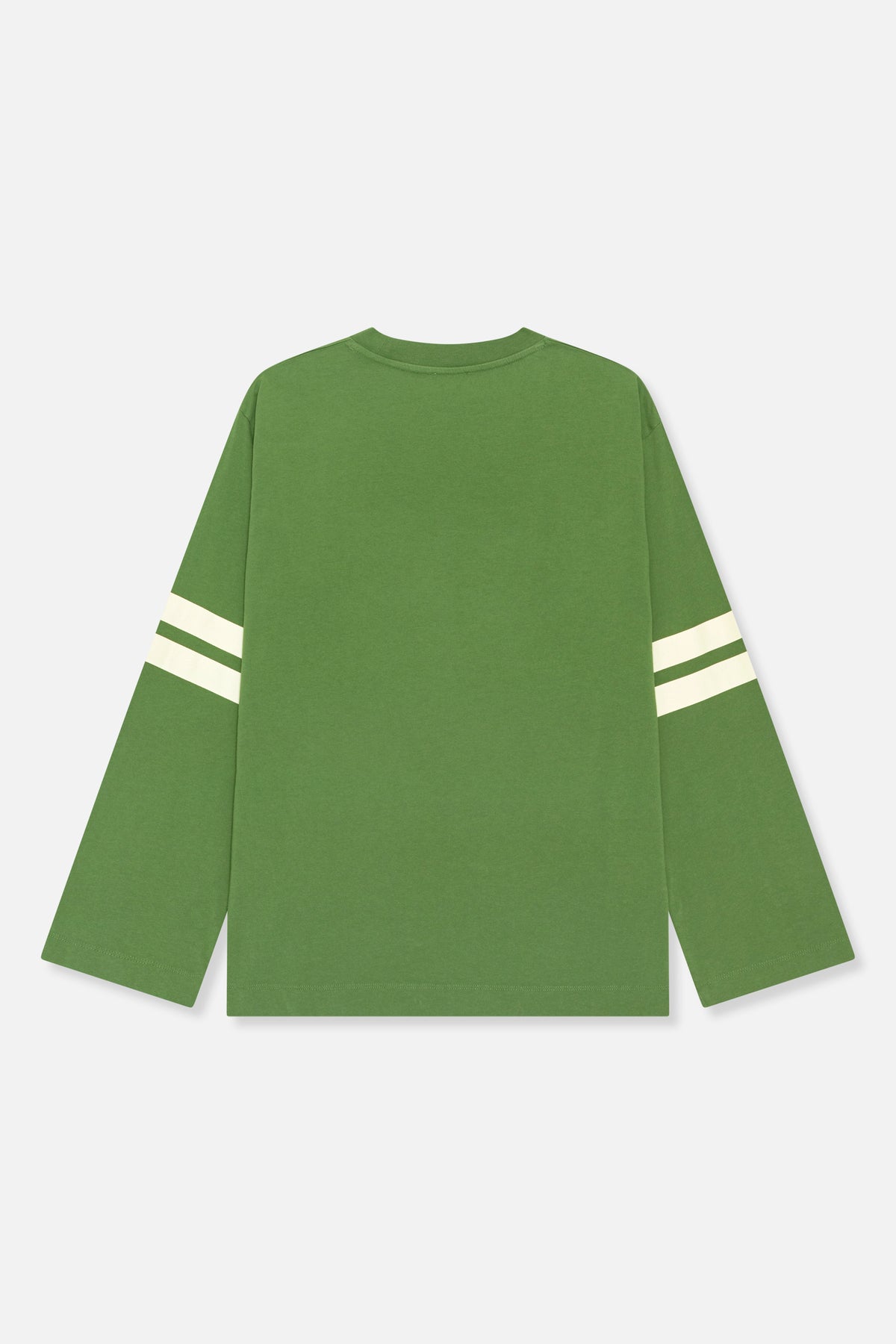 Back view of a green long-sleeved T-shirt with a crew neck and white double sleeve stripes