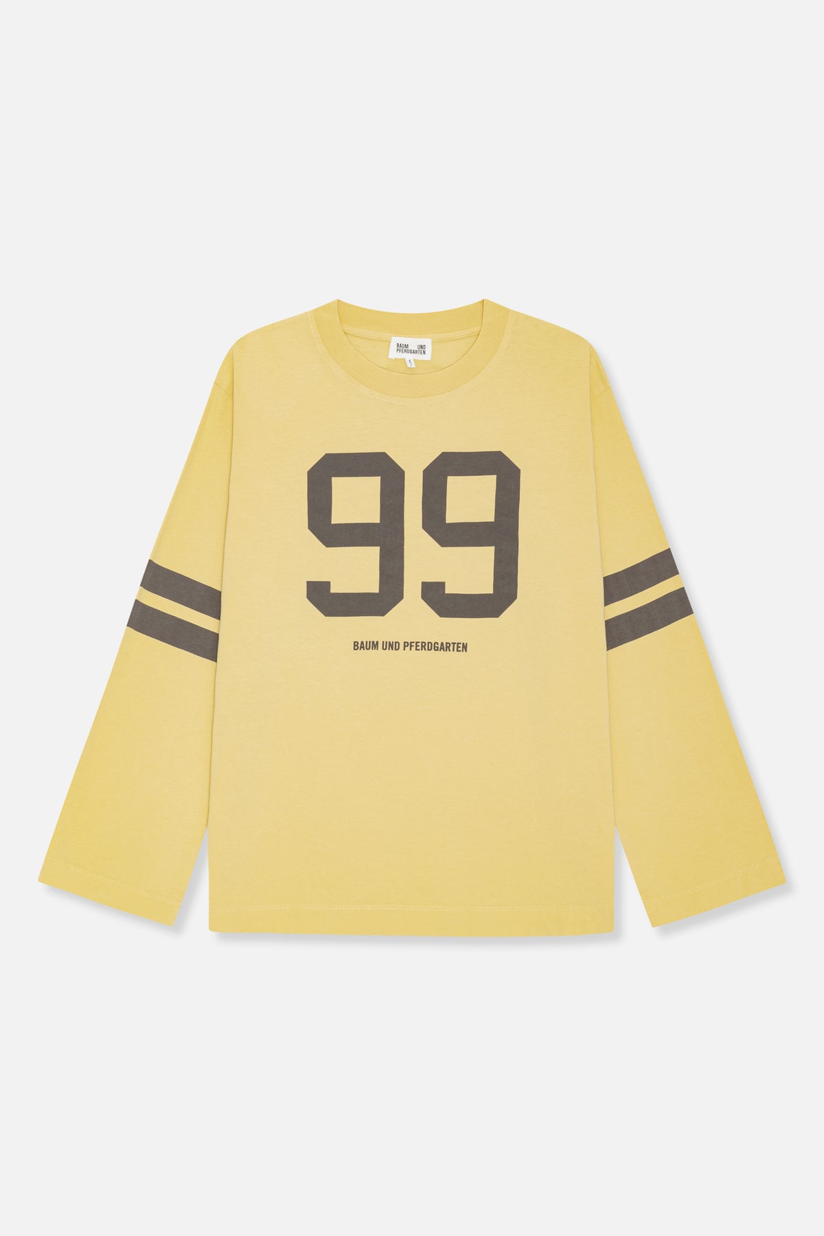 Front view of a yellow long-sleeved T-shirt with a large dark gray “99” graphic, matching sleeve stripes and chest lettering.