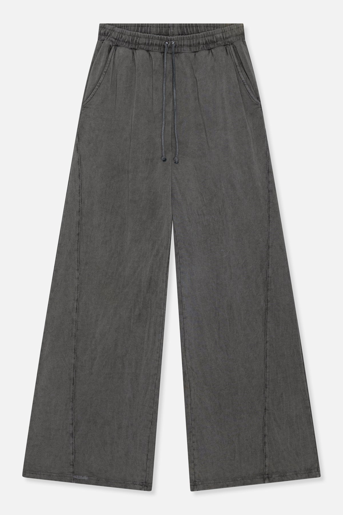Charcoal grey wide-leg trousers with an elastic drawstring waistband and side pockets, shown from the front.