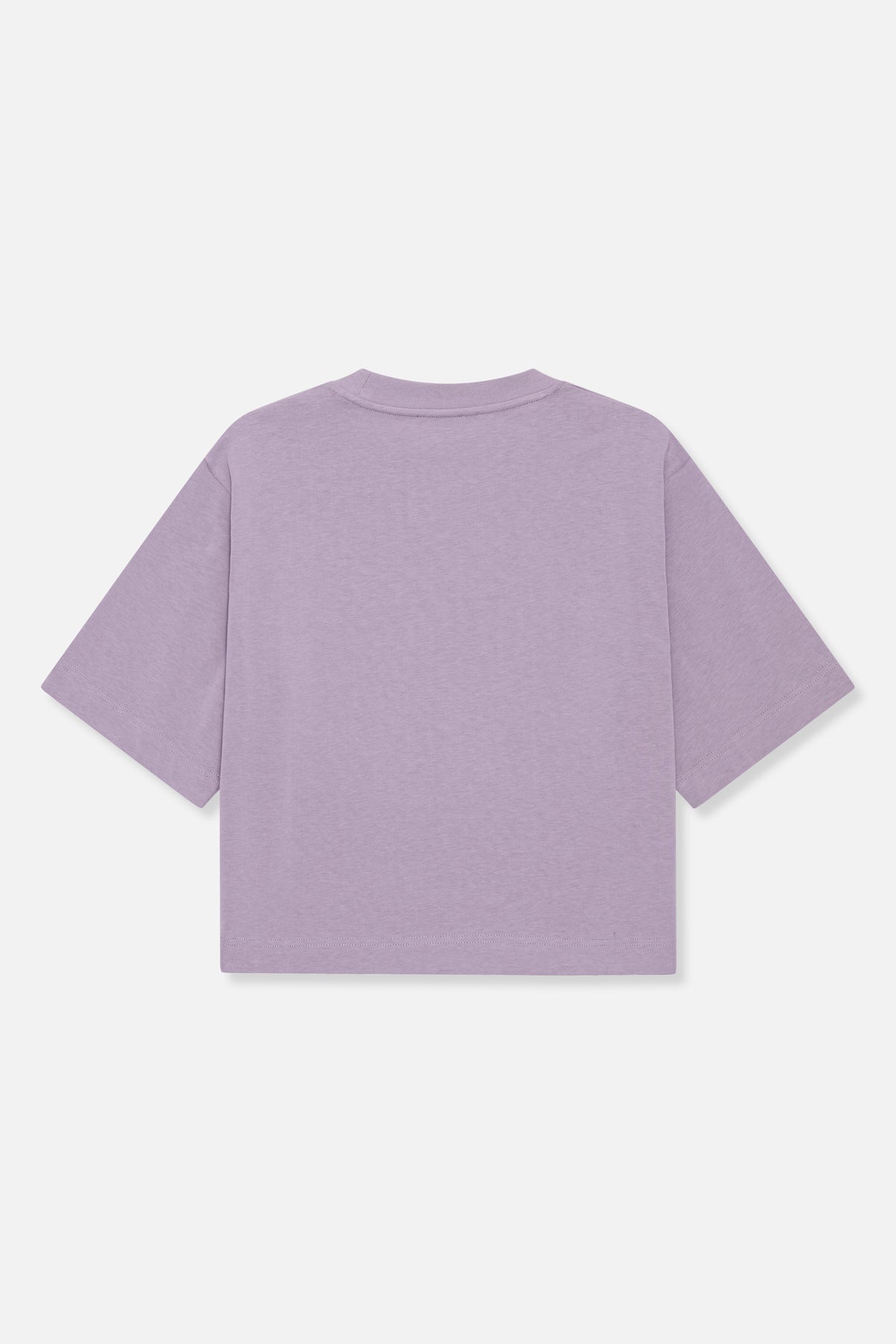 Back view of a plain lavender short-sleeve crew-neck T-shirt with a ribbed neckline and double-stitched hems.