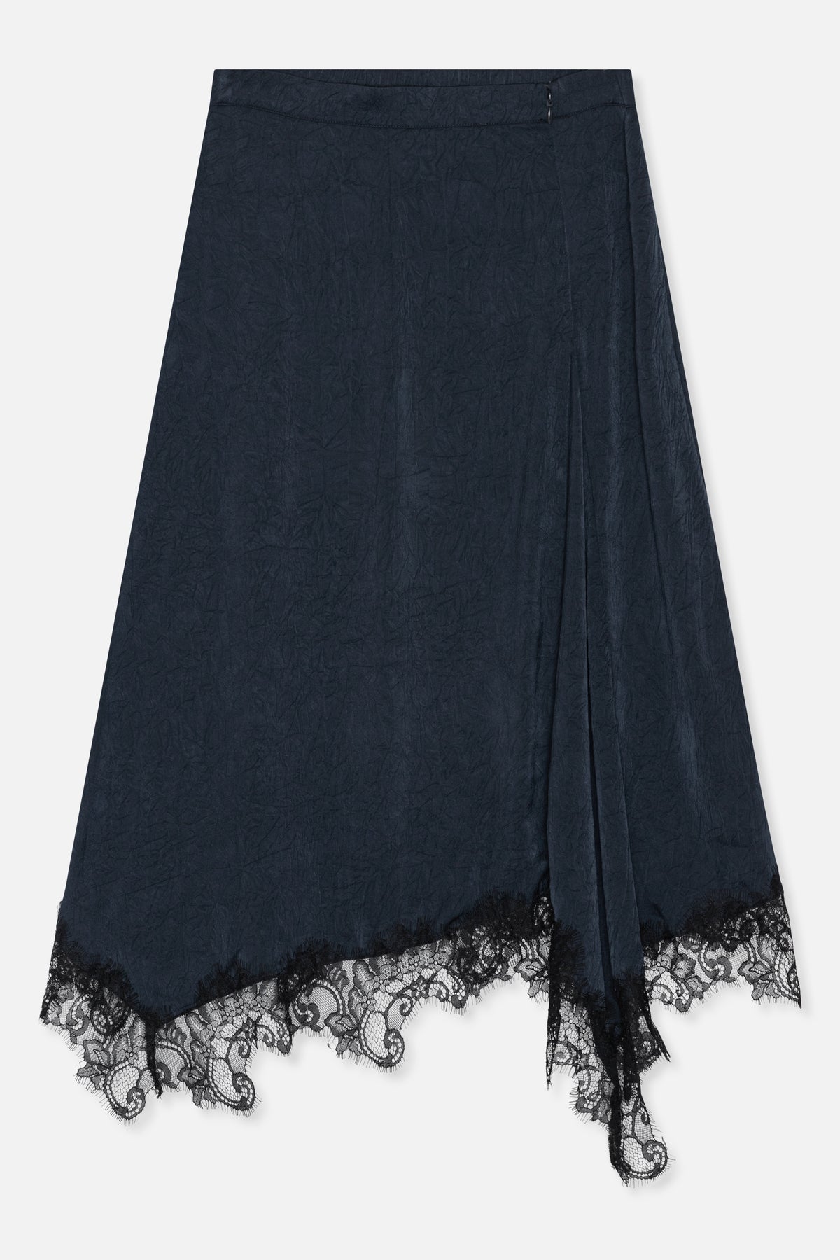 Dark navy crinkled long skirt with an asymmetrical draped hem, black lace trim and a small waistband zipper, shown from the front.