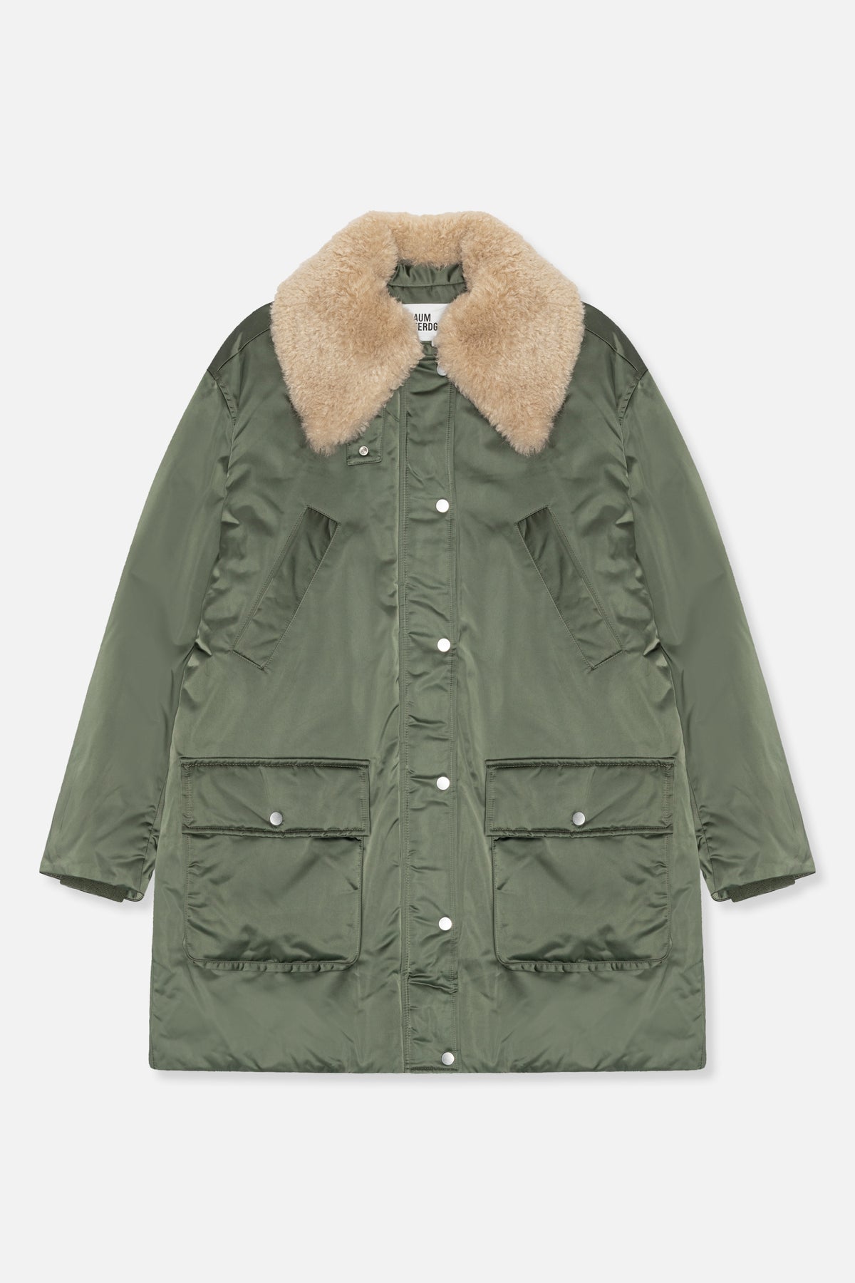Front view of a long olive green coat with a plush beige collar, snap-button front and four large pockets.