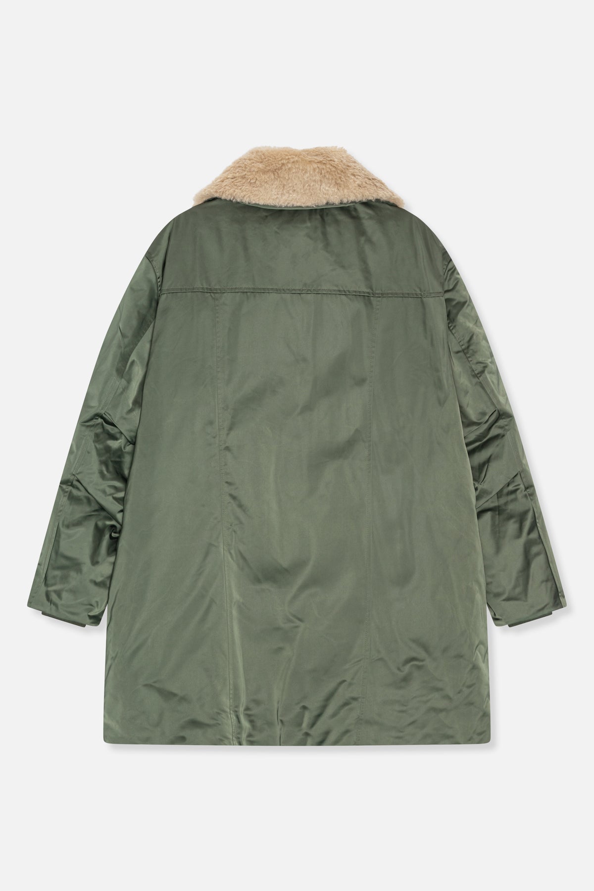 Back view of a long olive-green coat with a wide beige fuzzy collar, long sleeves and a horizontal back yoke.