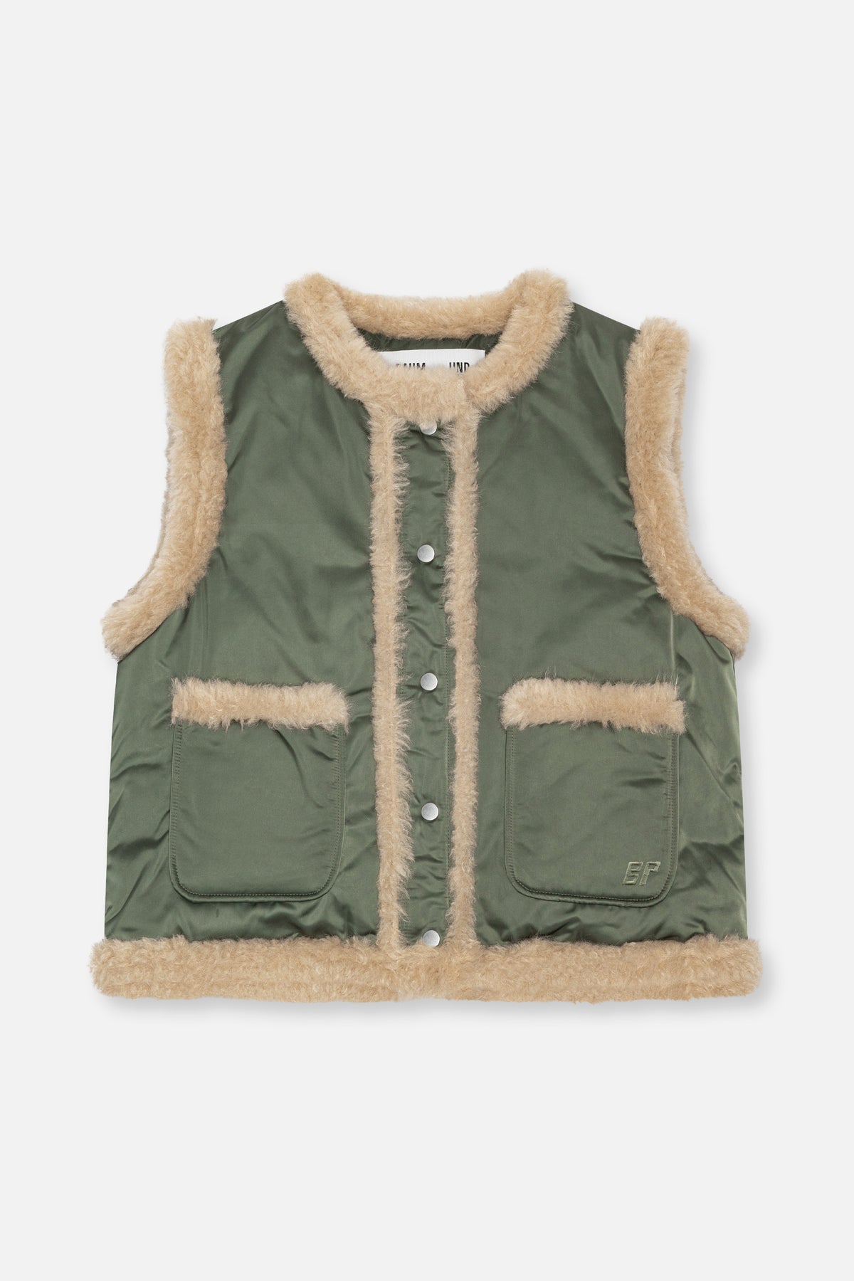 Front view of an olive green sleeveless vest with beige fuzzy trim, silver snap buttons and two large patch pockets.