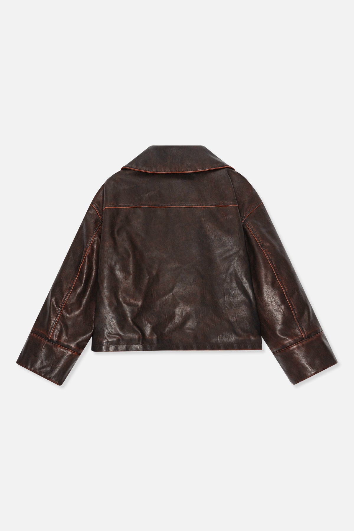 Back view of a dark brown leather-look jacket with a wide collar, panel seams and rust-coloured stitching.