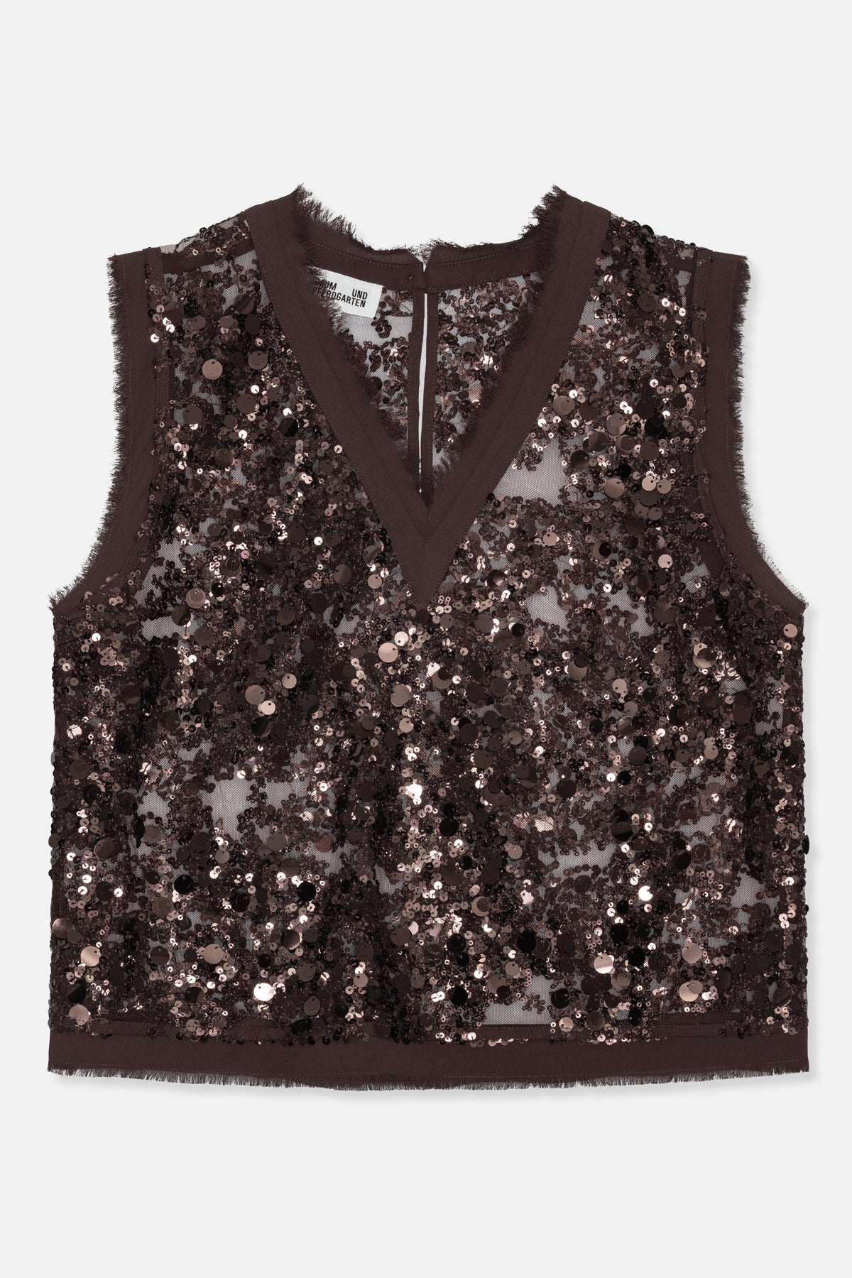 Front view of a sleeveless dark brown mesh top covered in mixed-size sequins, with a deep V-neckline and frayed trim.
