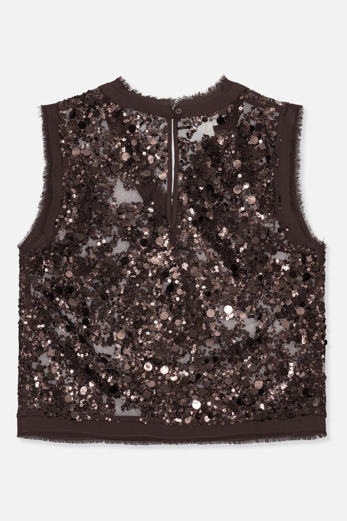 Back view of a dark brown sleeveless mesh top densely covered in sequins, with a buttoned neckline and narrow keyhole opening.