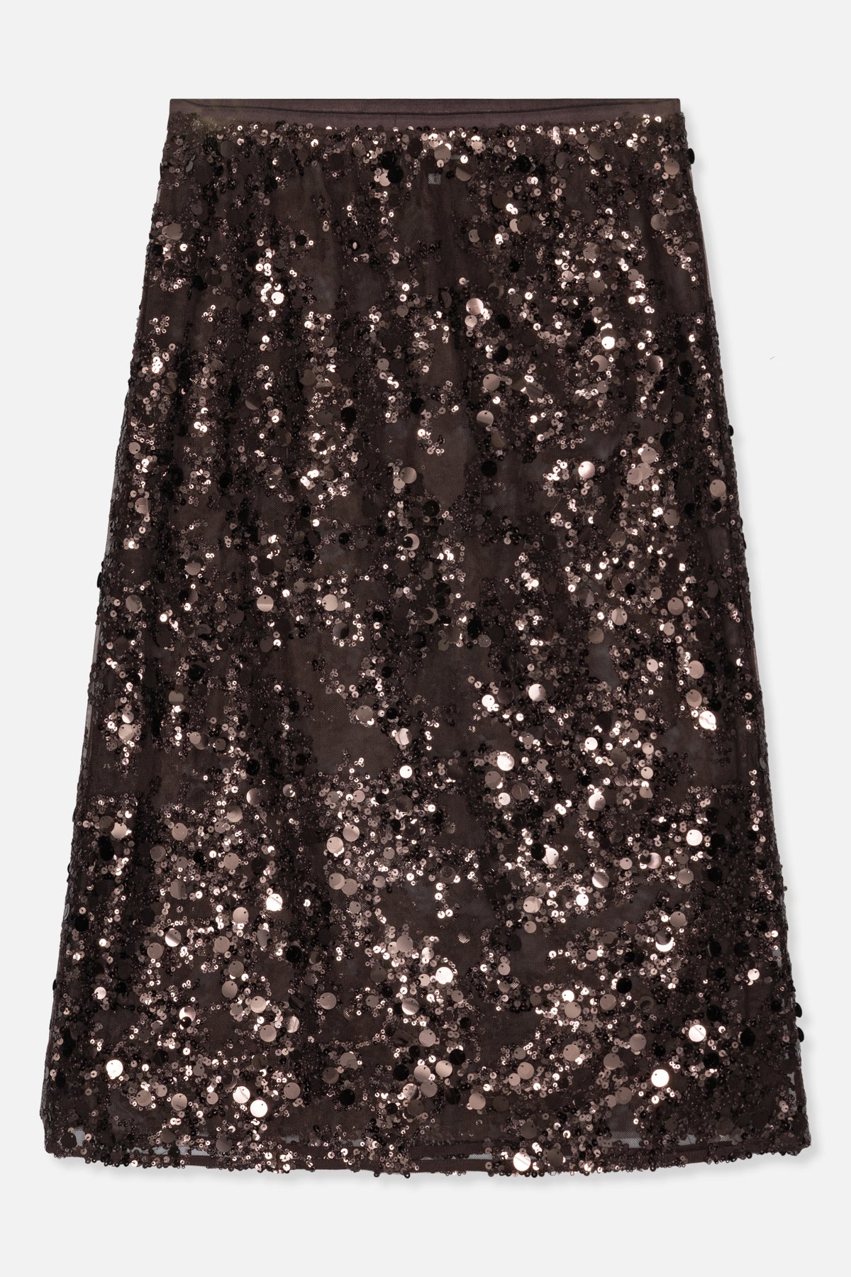 Front view of a dark brown skirt covered in mixed-size reflective sequins, with a plain waistband.