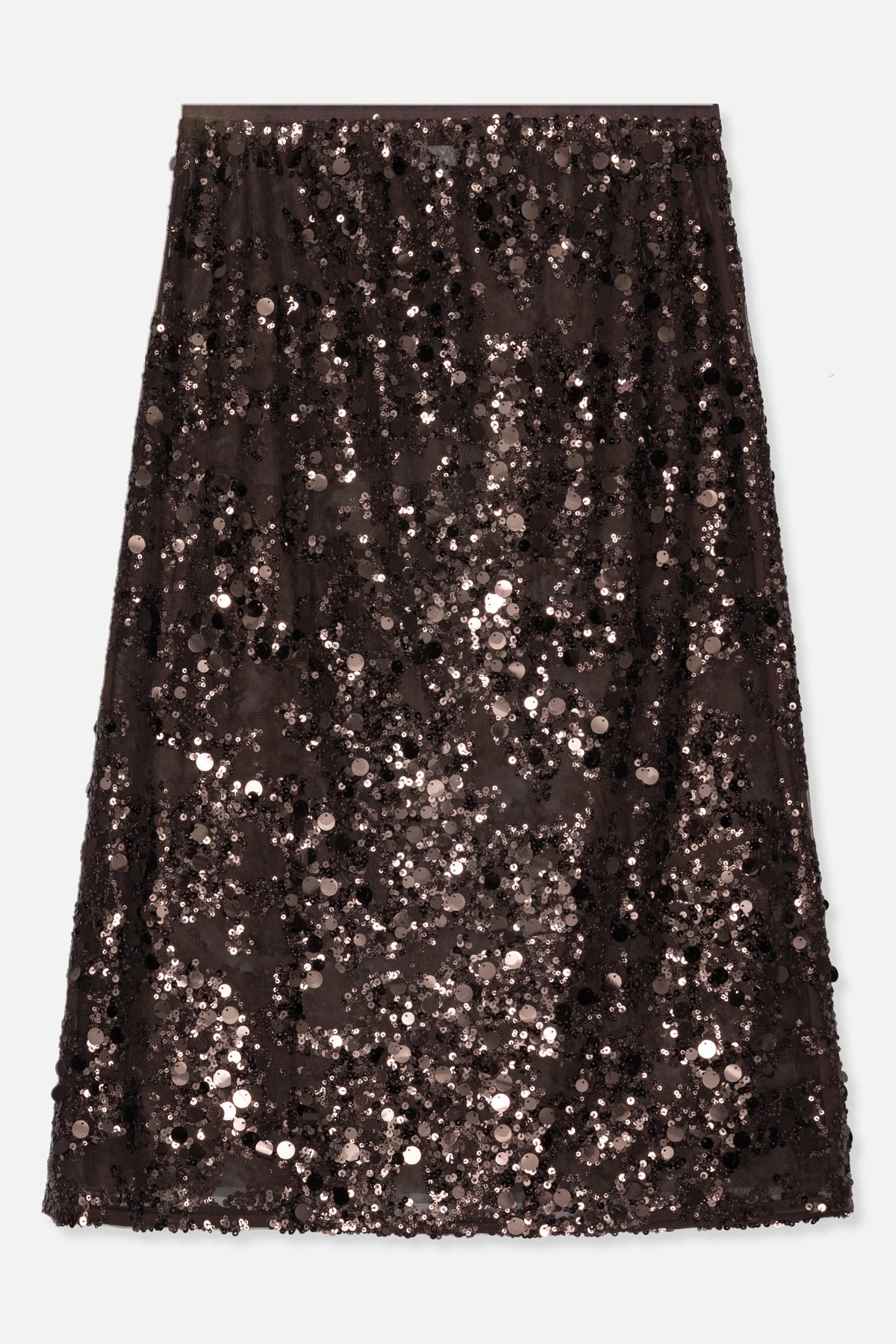 Front view of a dark brown, slightly flared skirt covered in black and rose-gold sequins.