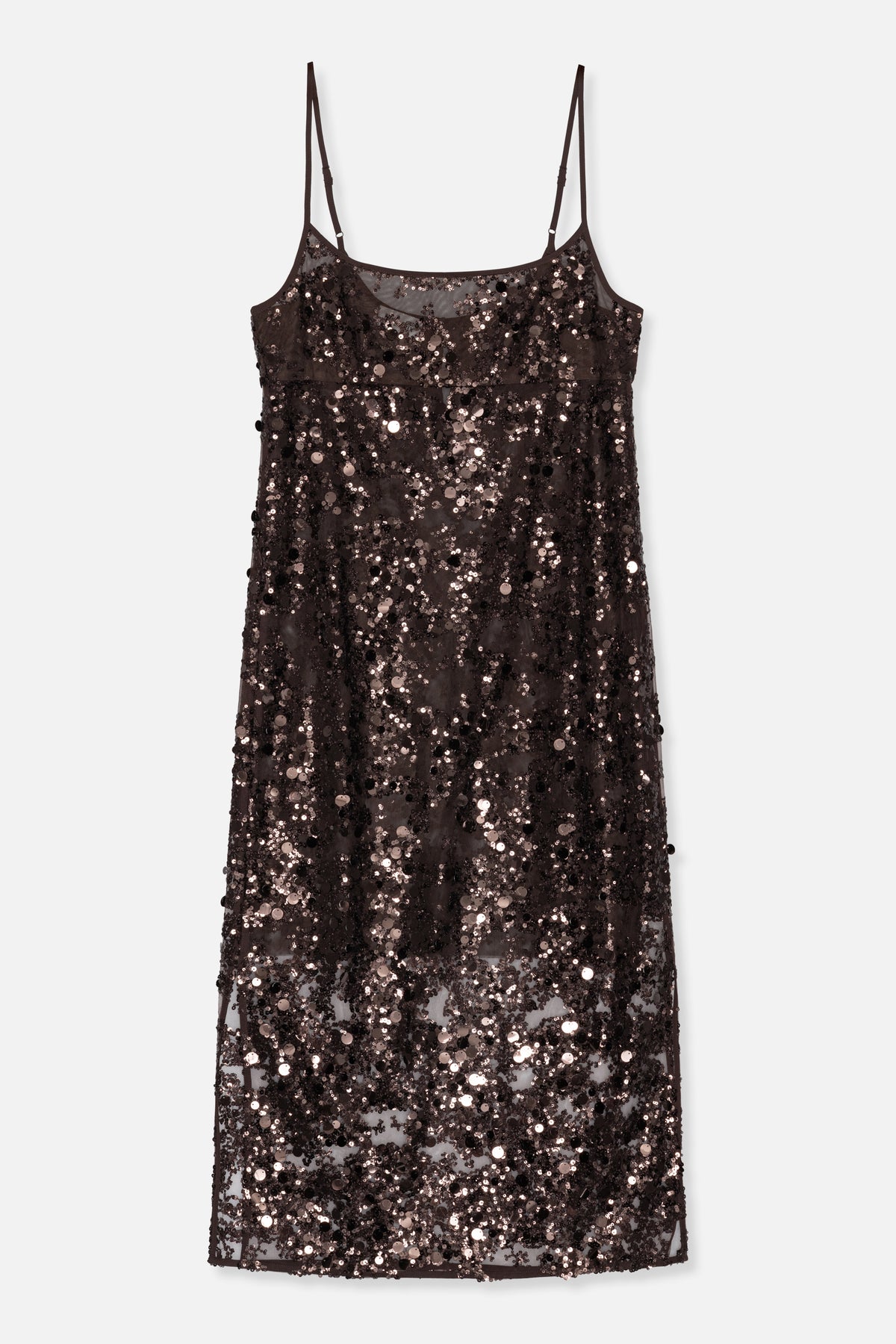 Front view of a dark brown slip dress with thin adjustable straps and dense black, brown and shimmering pink sequins.