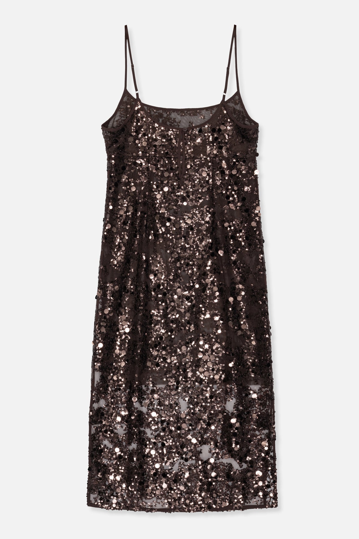 Front view of a dark brown slip dress with thin adjustable straps, sheer mesh panels and an all-over sequin embellishment.
