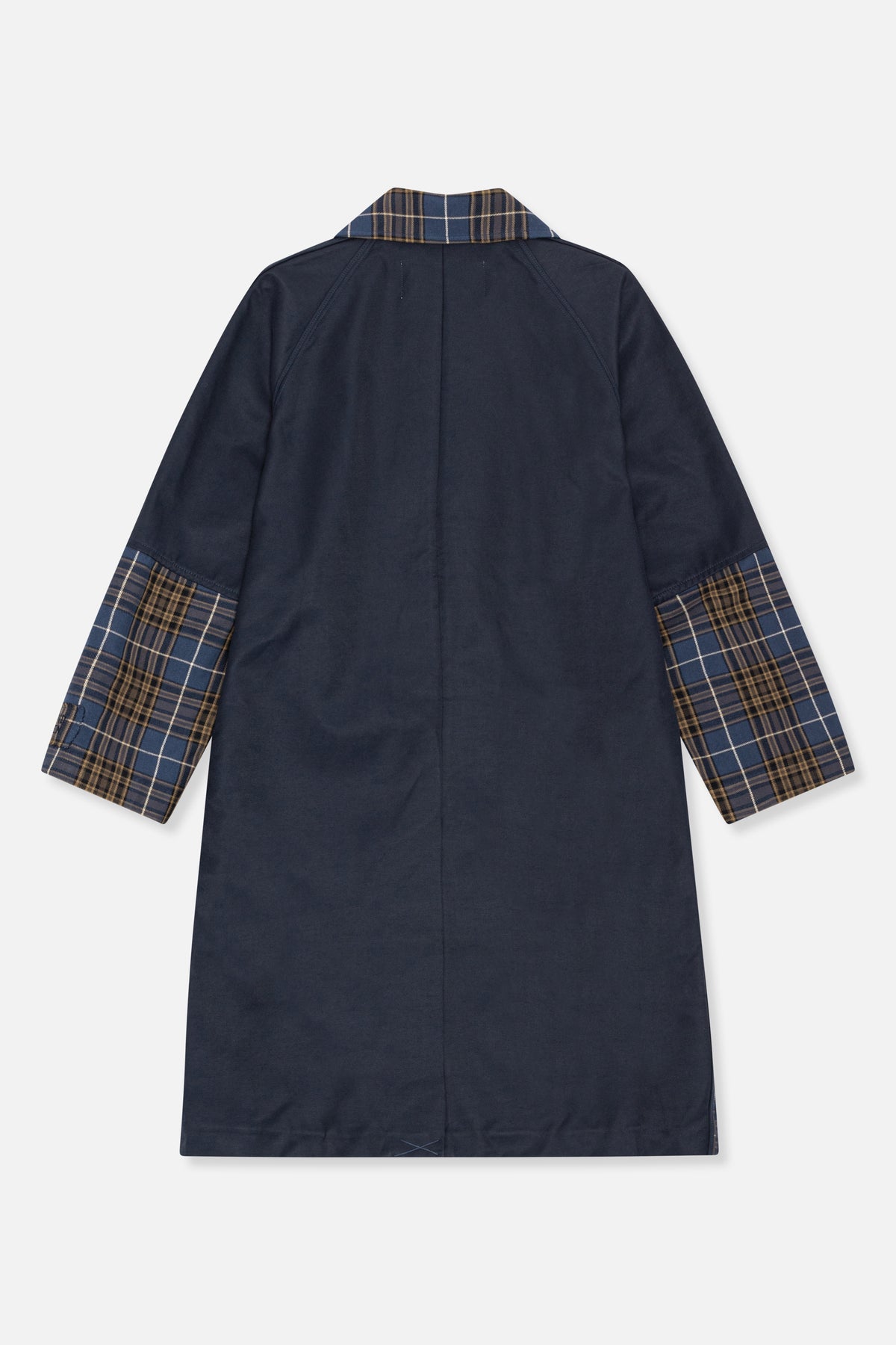 Back view of a long navy coat with blue, brown and cream plaid collar and turned-back cuffs.