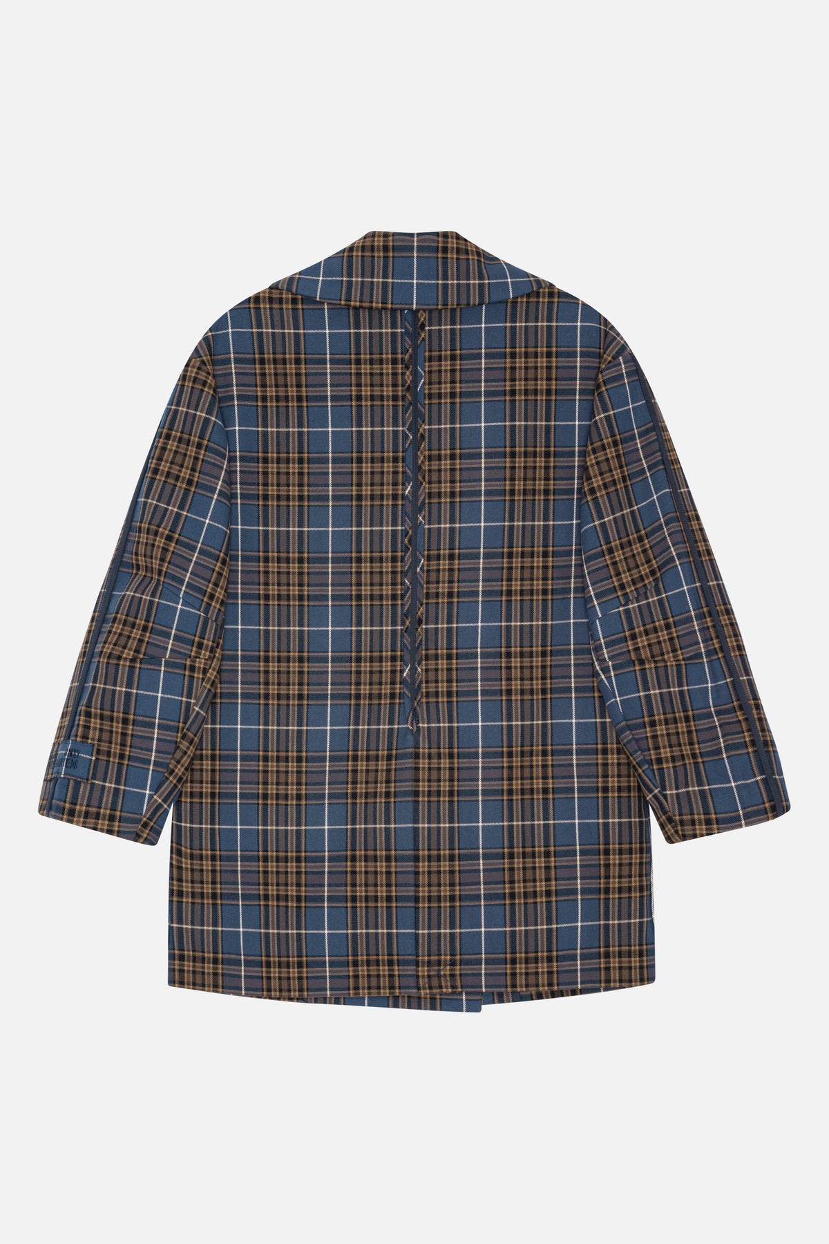Back view of a blue, brown and cream plaid collared jacket with long sleeves and a straight hem.