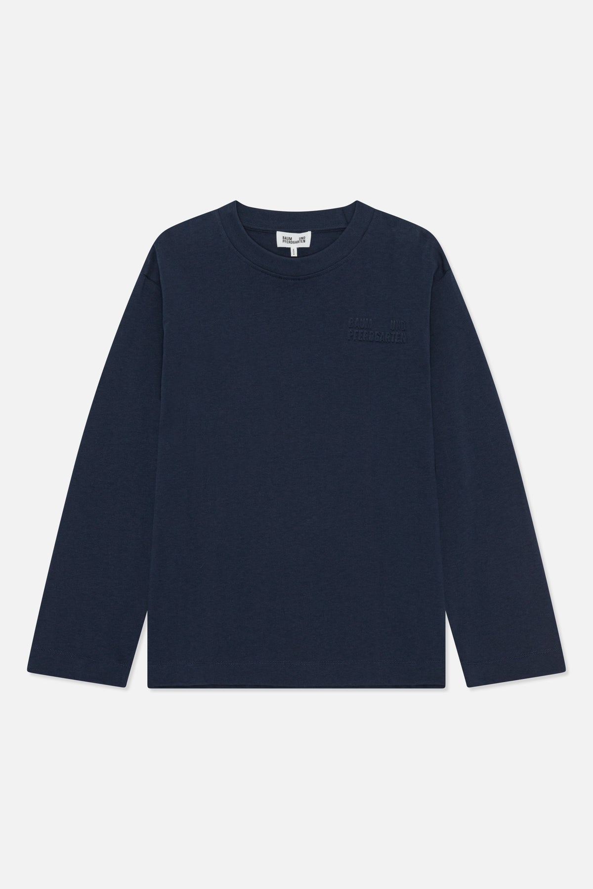 Navy long-sleeved crew-neck top with subtle tonal lettering on the chest, shown from the front.