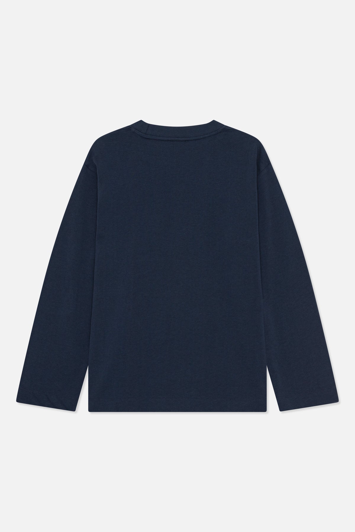 Back view of a plain navy long-sleeved top with a crew neckline and straight hem