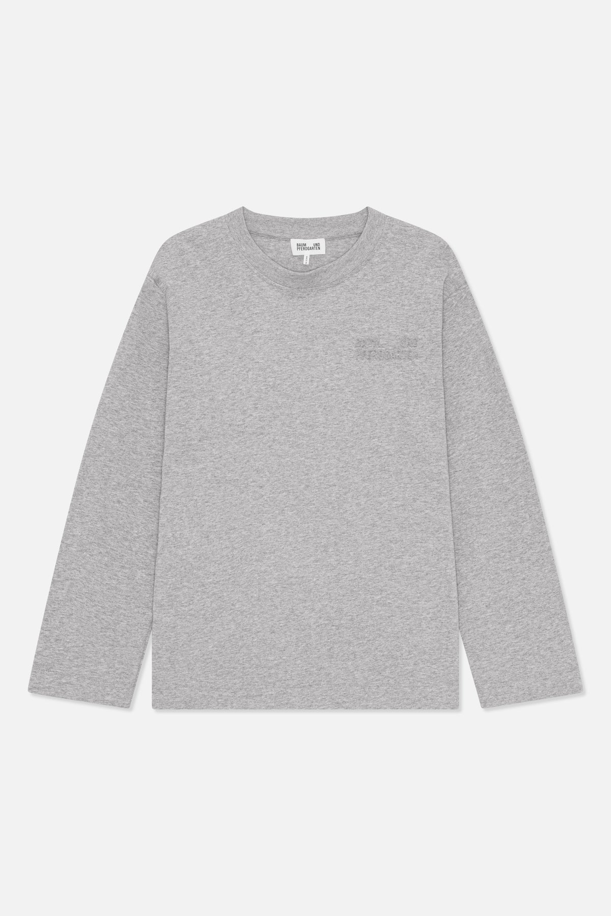 Front view of a plain heather grey long-sleeved crew-neck top with ribbed neckline.