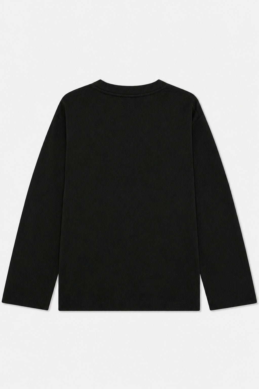 Back view of a plain black long-sleeved crew-neck top with a straight hem.