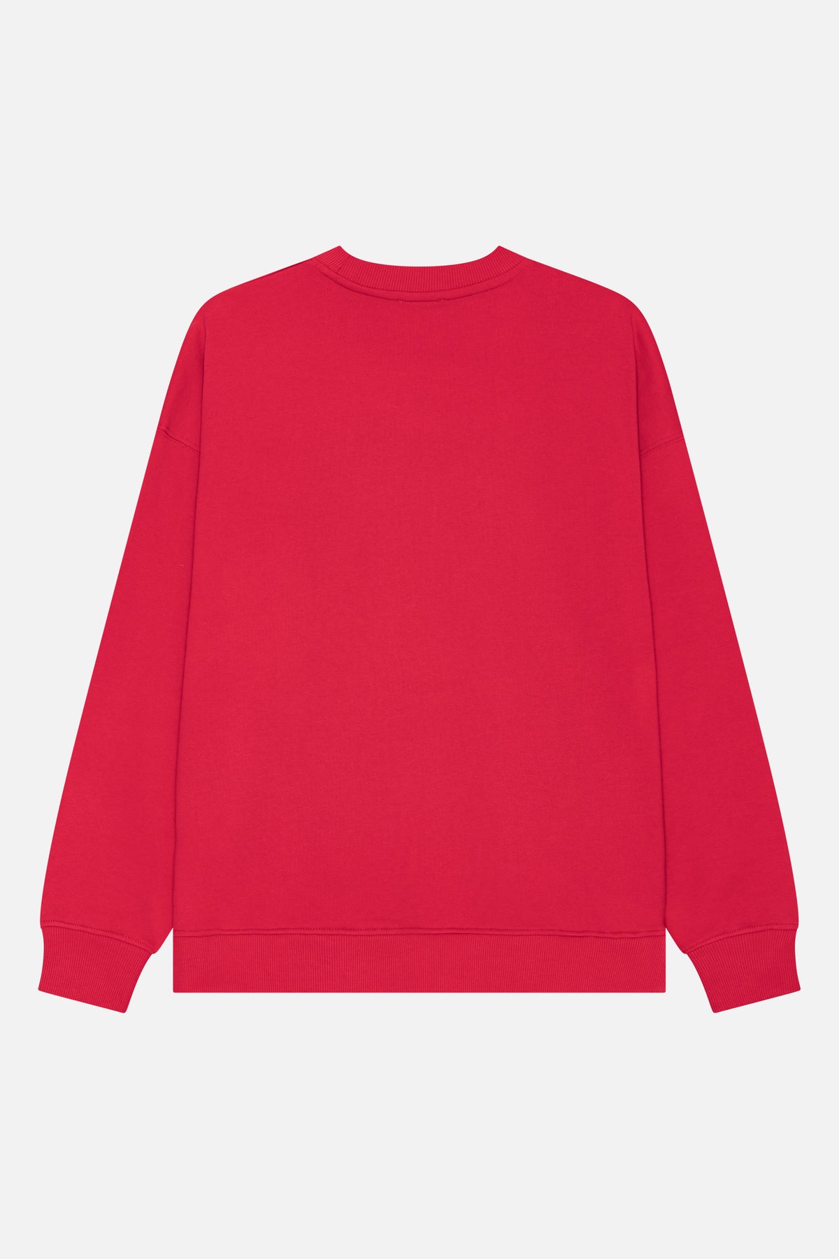 Back view of a solid bright red sweatshirt with a ribbed crew neck, cuffs and hem.