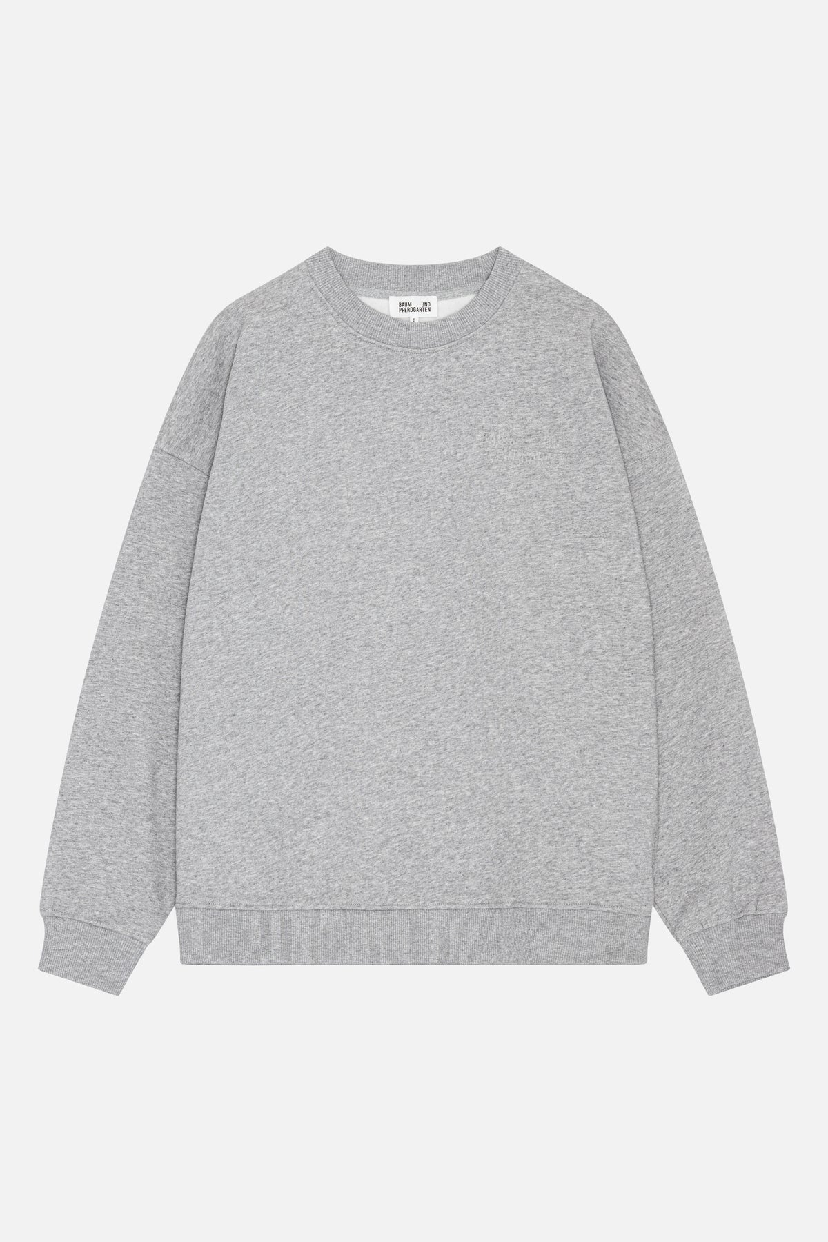 Front view of a plain light grey melange sweatshirt with a crew neck and ribbed cuffs and hem.