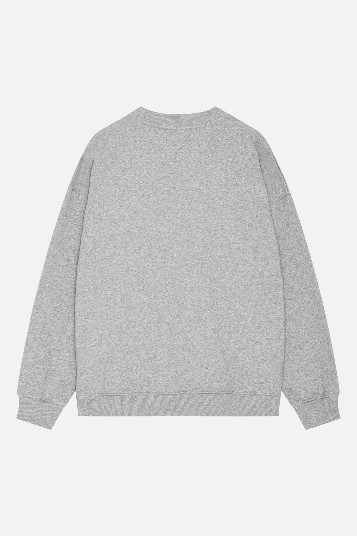 Back view of a plain heather-grey crewneck sweatshirt with dropped shoulders and ribbed collar, cuffs and hem.