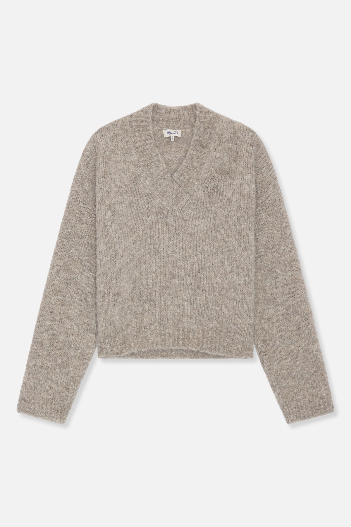 Front view of a light taupe, fuzzy knit sweater with a V-neck and long sleeves.