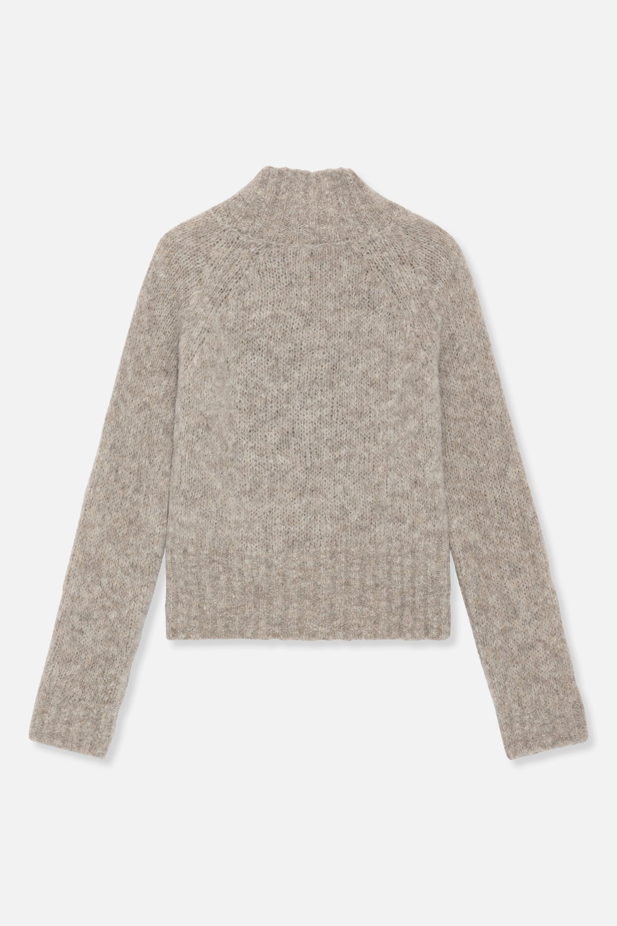 Front view of a taupe melange knit sweater with a high neckline, long sleeves and a soft, textured stitch.