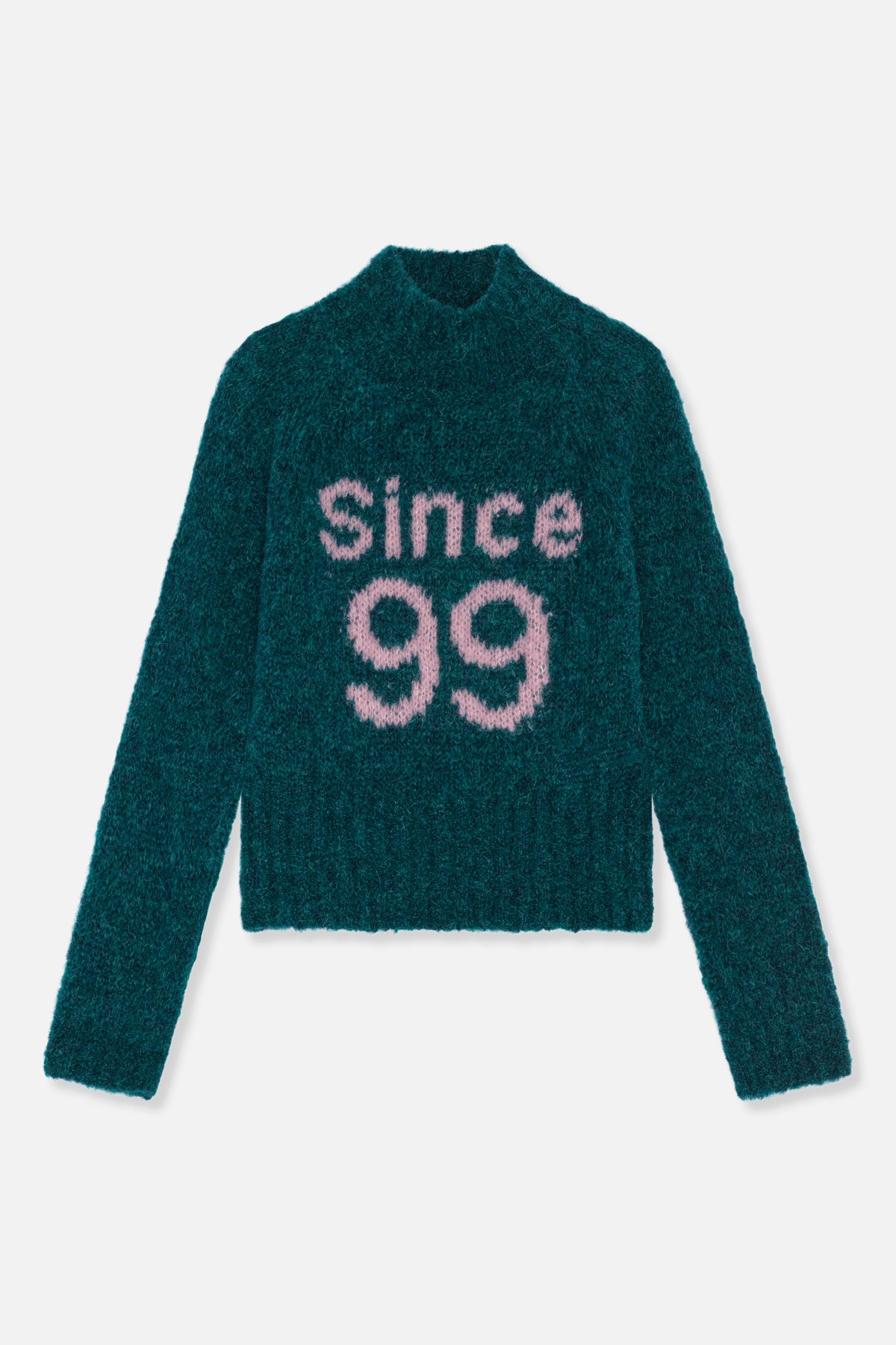 Front view of a dark teal fuzzy knit sweater with a high neckline and large pink “Since 99” lettering.