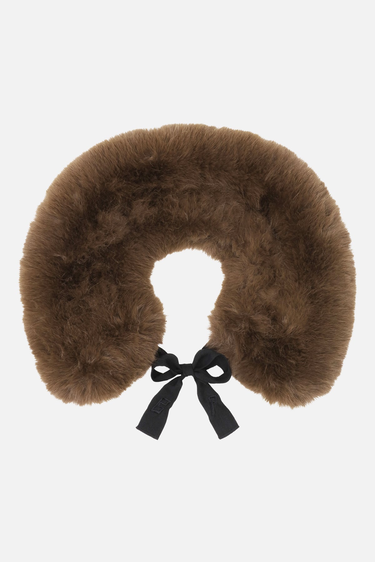 Brown fluffy circular neck warmer with a black ribbon tie, shown front-on