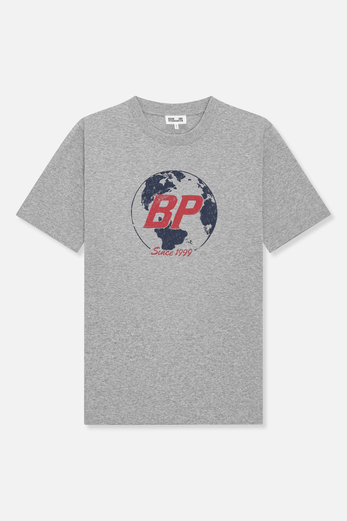 Heather gray short-sleeve crew-neck T-shirt, front view, with a navy globe graphic, red “BP” lettering and “Since 1999” text.