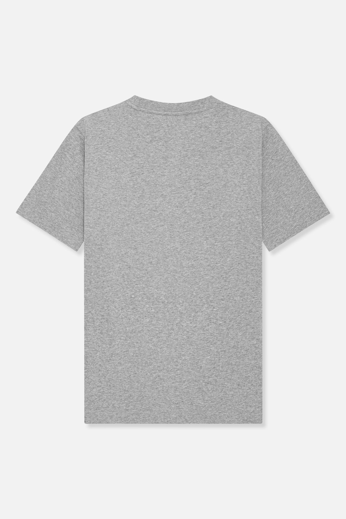 Back view of a plain heather-grey T-shirt with short sleeves and a ribbed crew neckline.