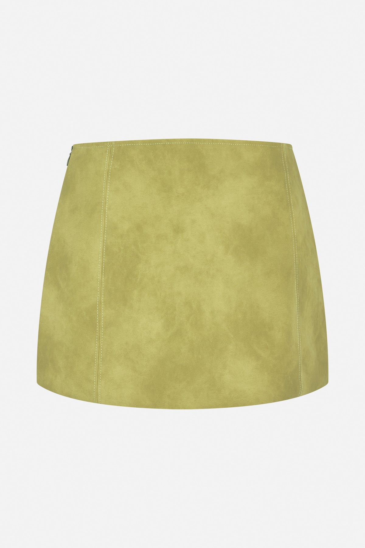 Olive green A-line mini skirt with a suede-like surface, vertical contrast stitching and a side zipper, shown from the front