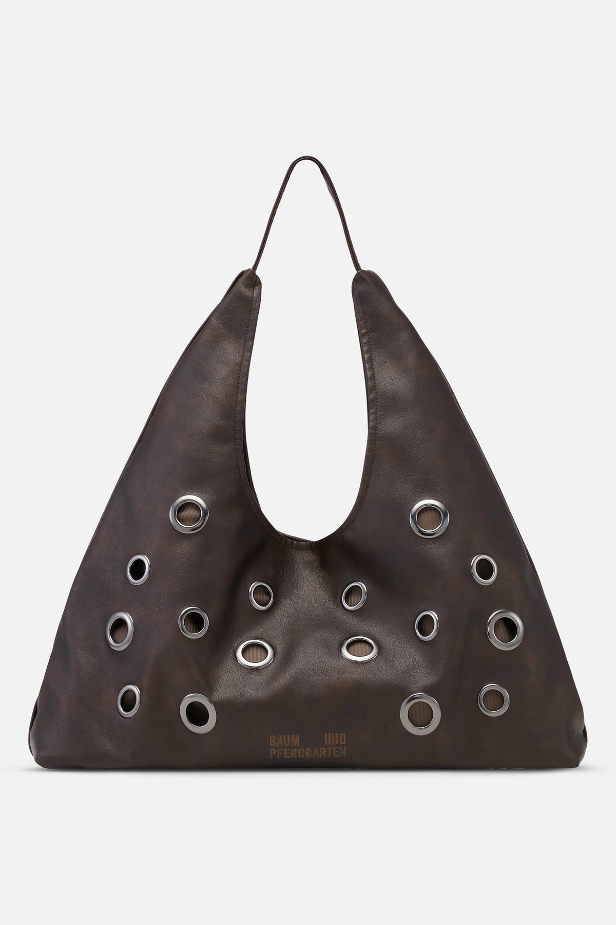 Dark brown shoulder bag with a long strap and multiple silver metal eyelets across the front