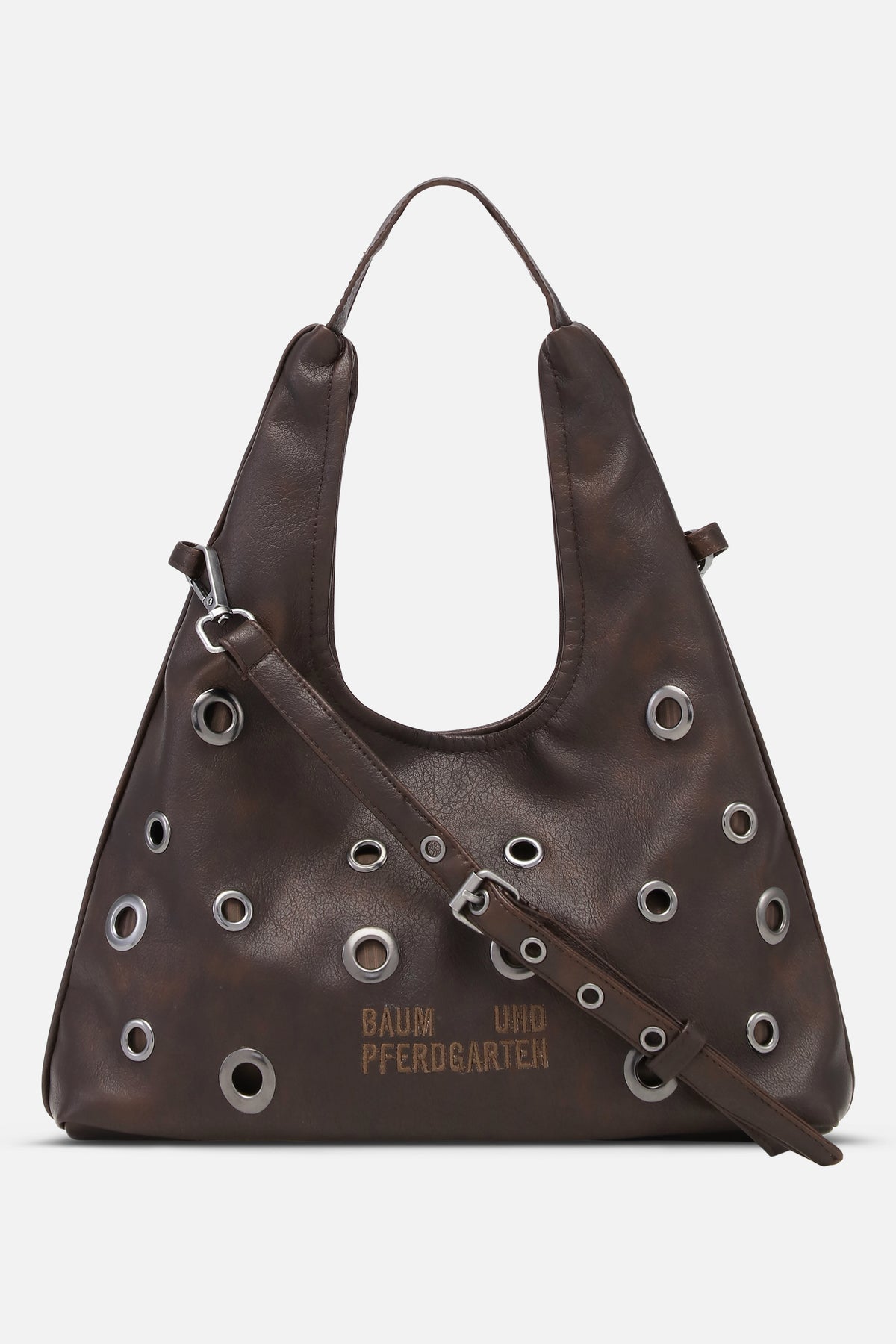 Front view of a dark brown handbag with silver eyelets, a top handle, detachable crossbody strap and Baum und Pferdgarten logo.