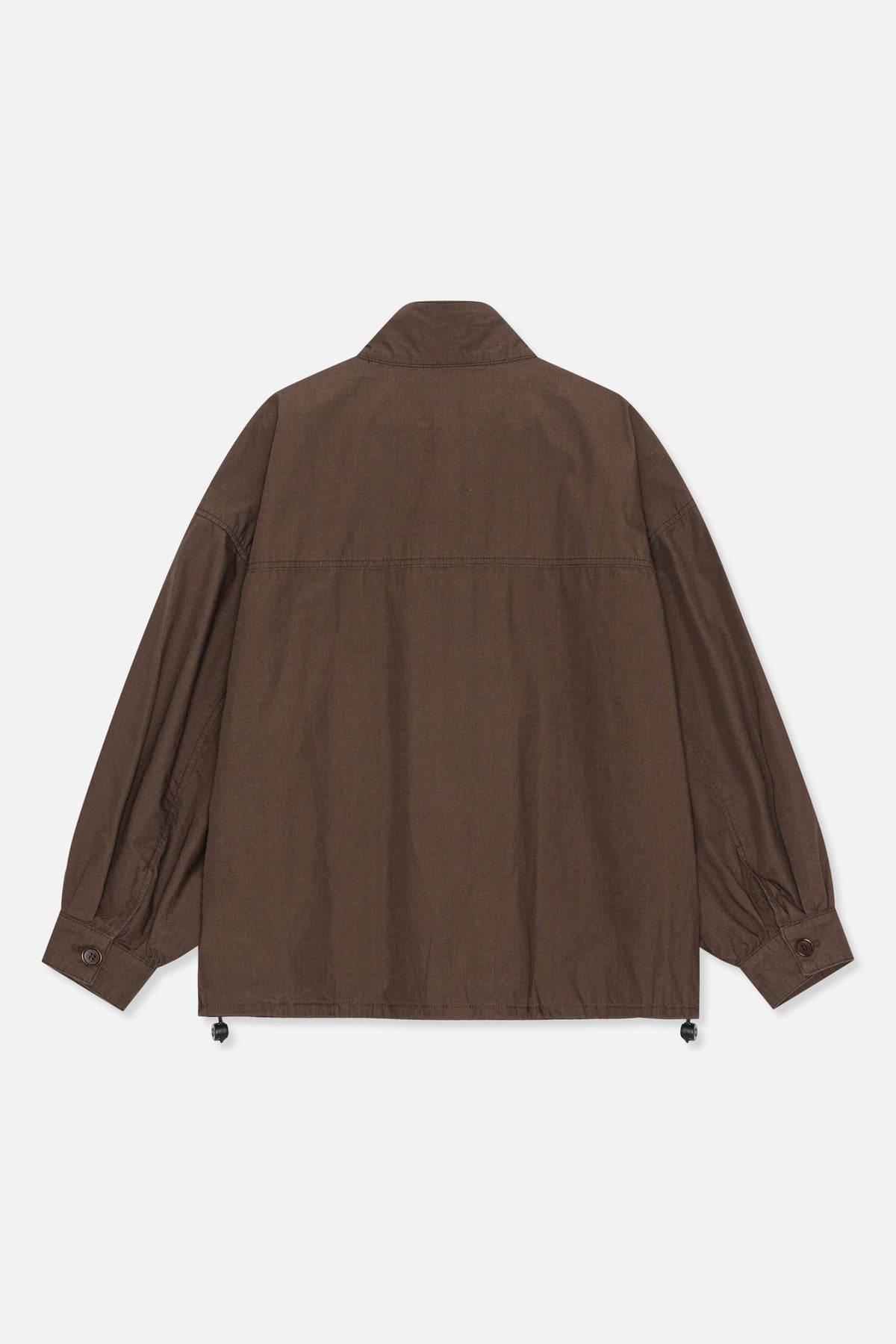 Back view of a solid brown jacket with a stand collar, seam detailing, buttoned cuffs and adjustable hem toggles.