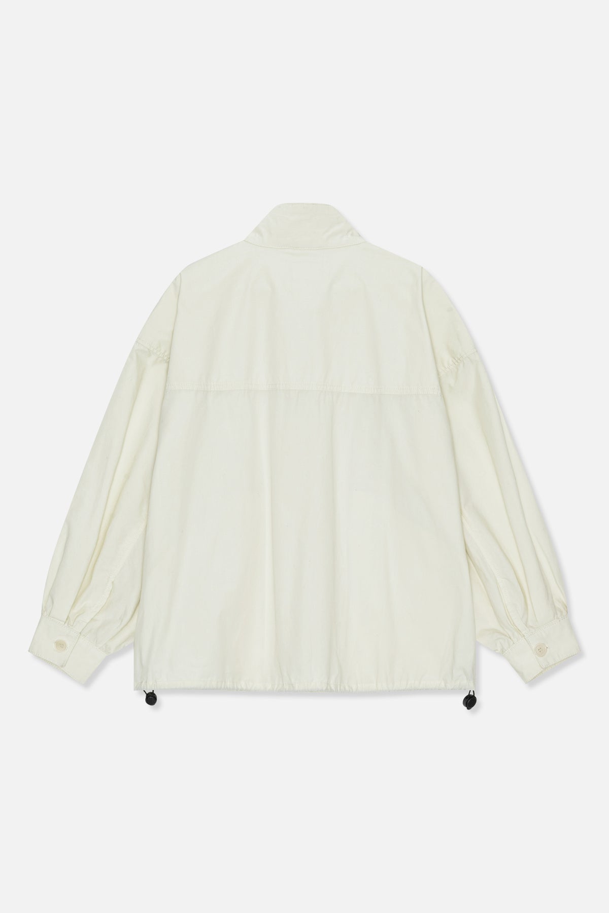 Back view of an ivory long-sleeved jacket with a stand collar, button cuffs, back yoke and adjustable drawcord hem.