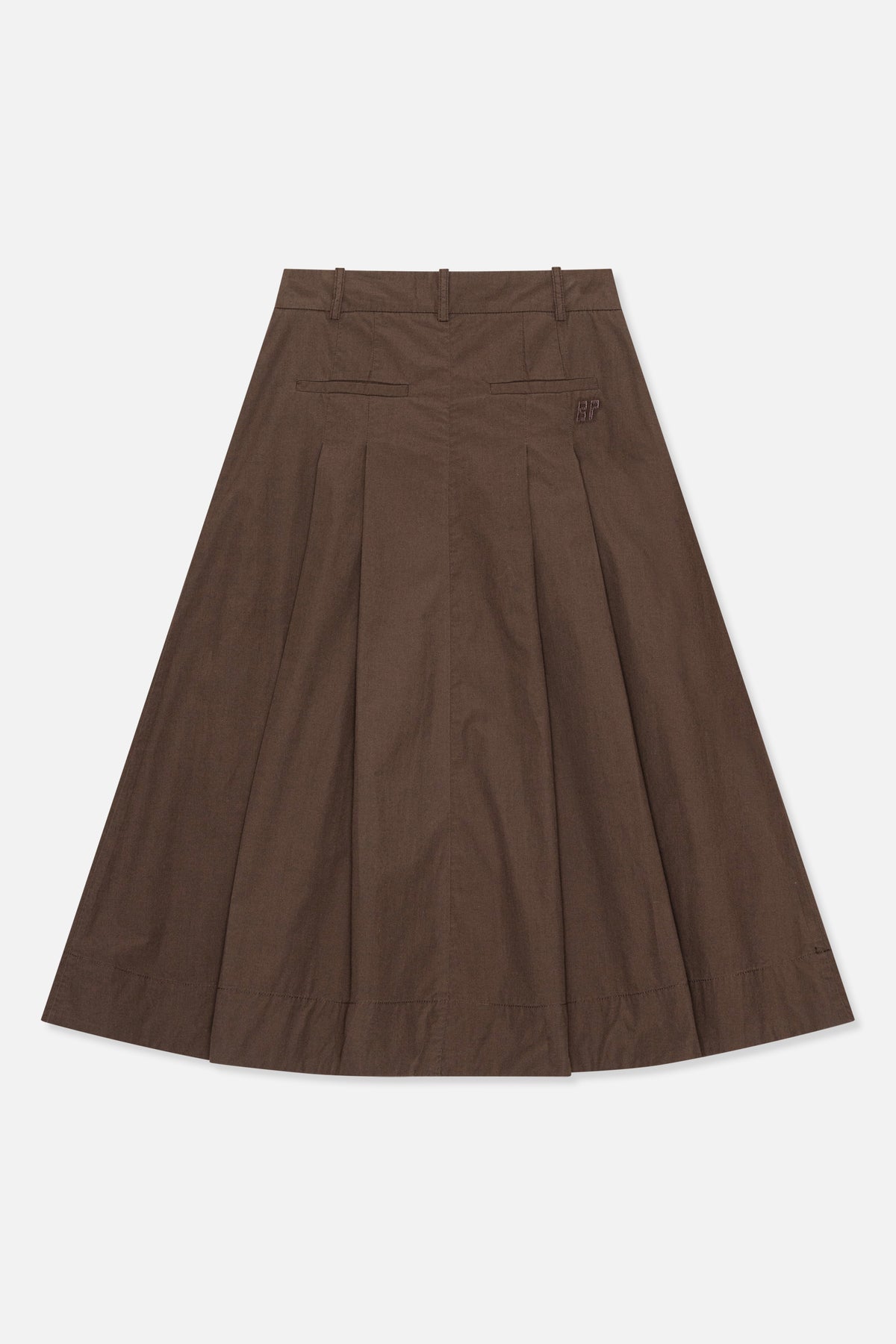 Back view of a dark brown flared skirt with belt loops, two welt pockets and long vertical panel seams.