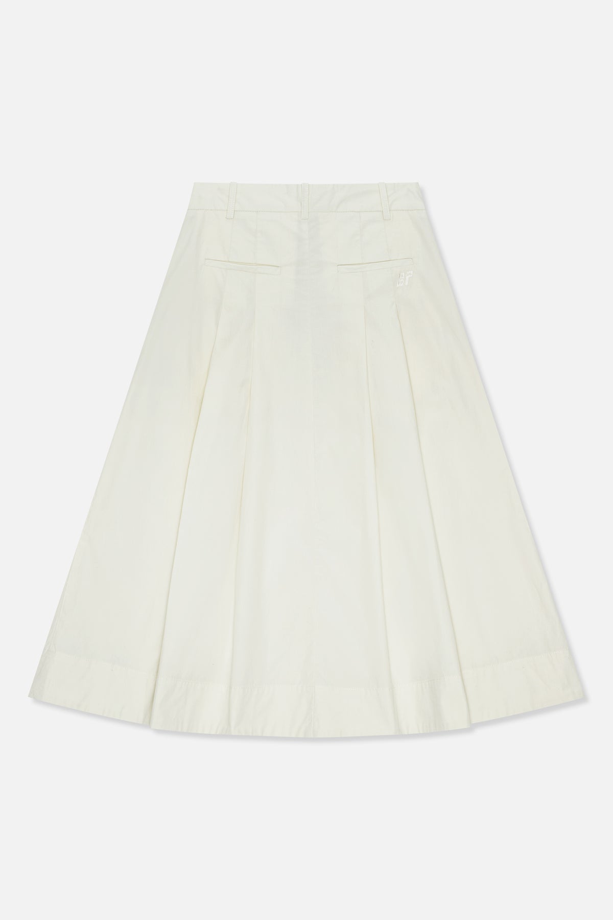 Back view of an ivory A-line maxi skirt with belt loops, two welt pockets, panel seams and small tonal embroidery.